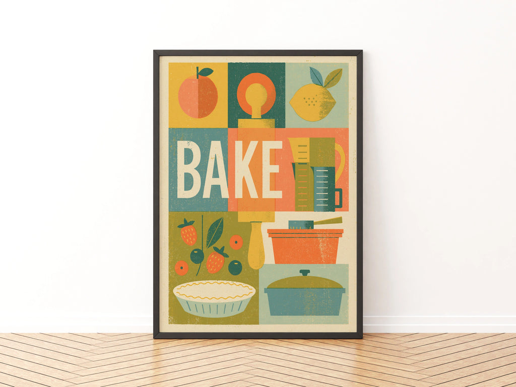Vintage Food Poster Print, Bake Kitchen Wall Art, Rustic Retro Mid Century Risograph Decor