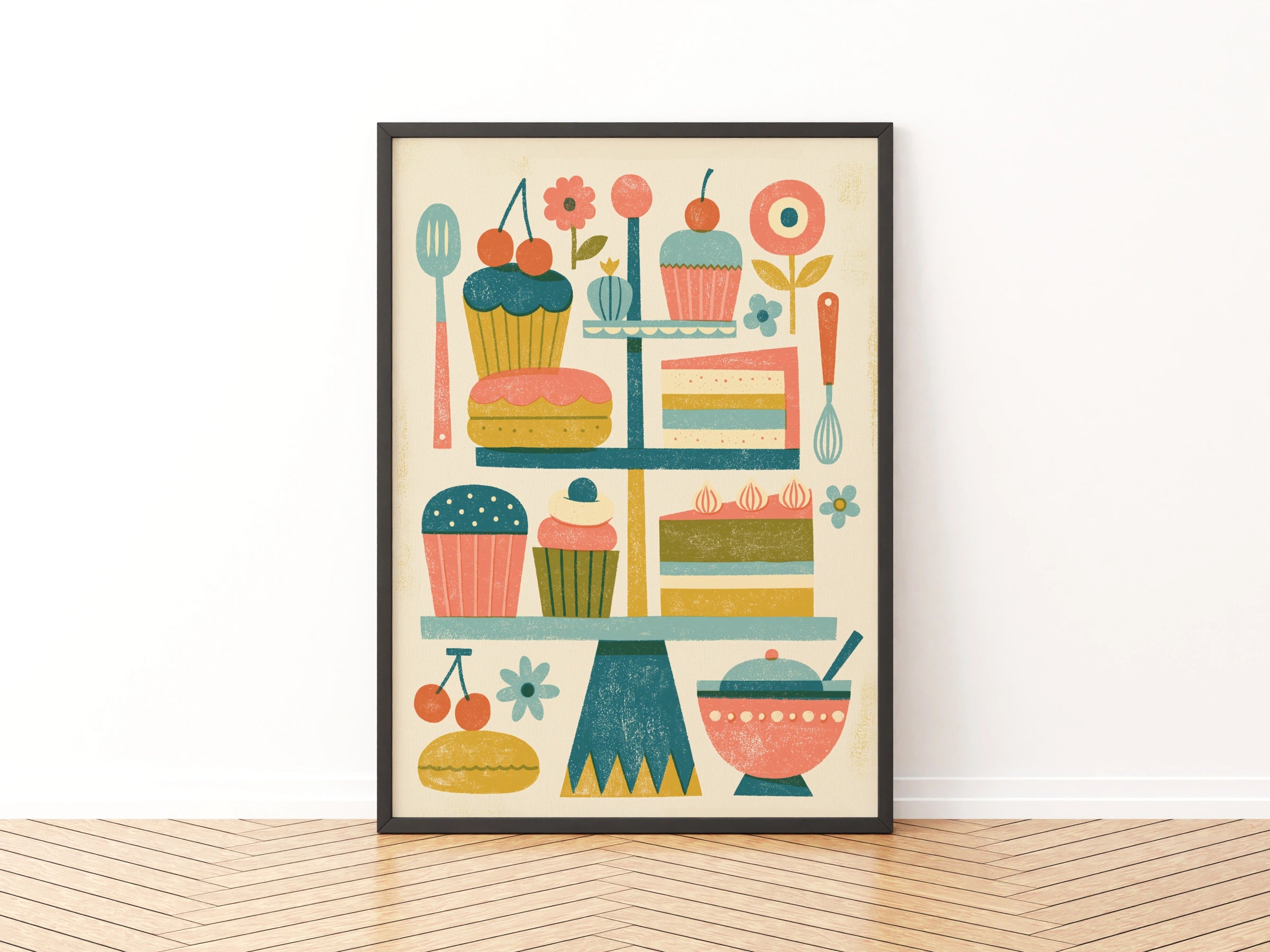 Vintage Food Poster Print, Retro Baking Cake Stand Art, Rustic Kitchen Decor, Mid Century Risograph