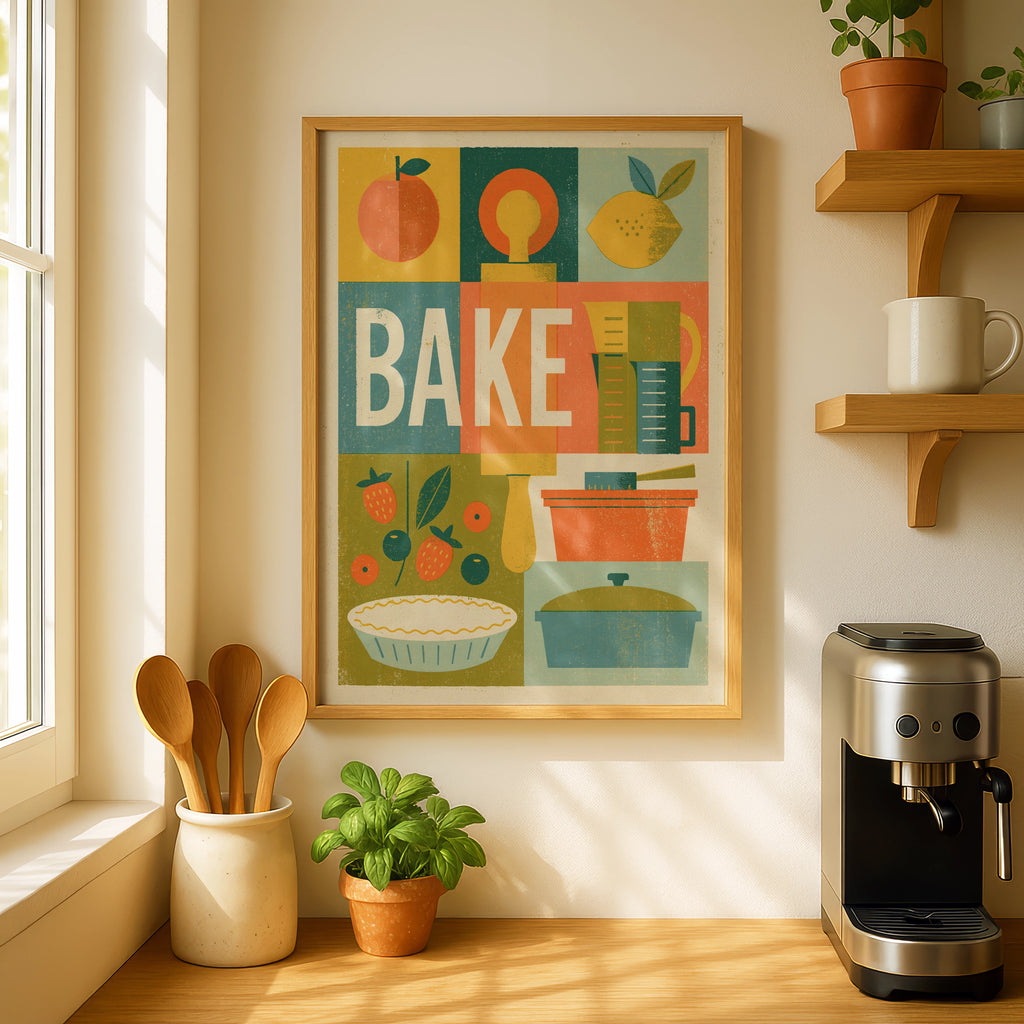 Vintage Food Poster Print, Bake Kitchen Wall Art, Rustic Retro Mid Century Risograph Decor