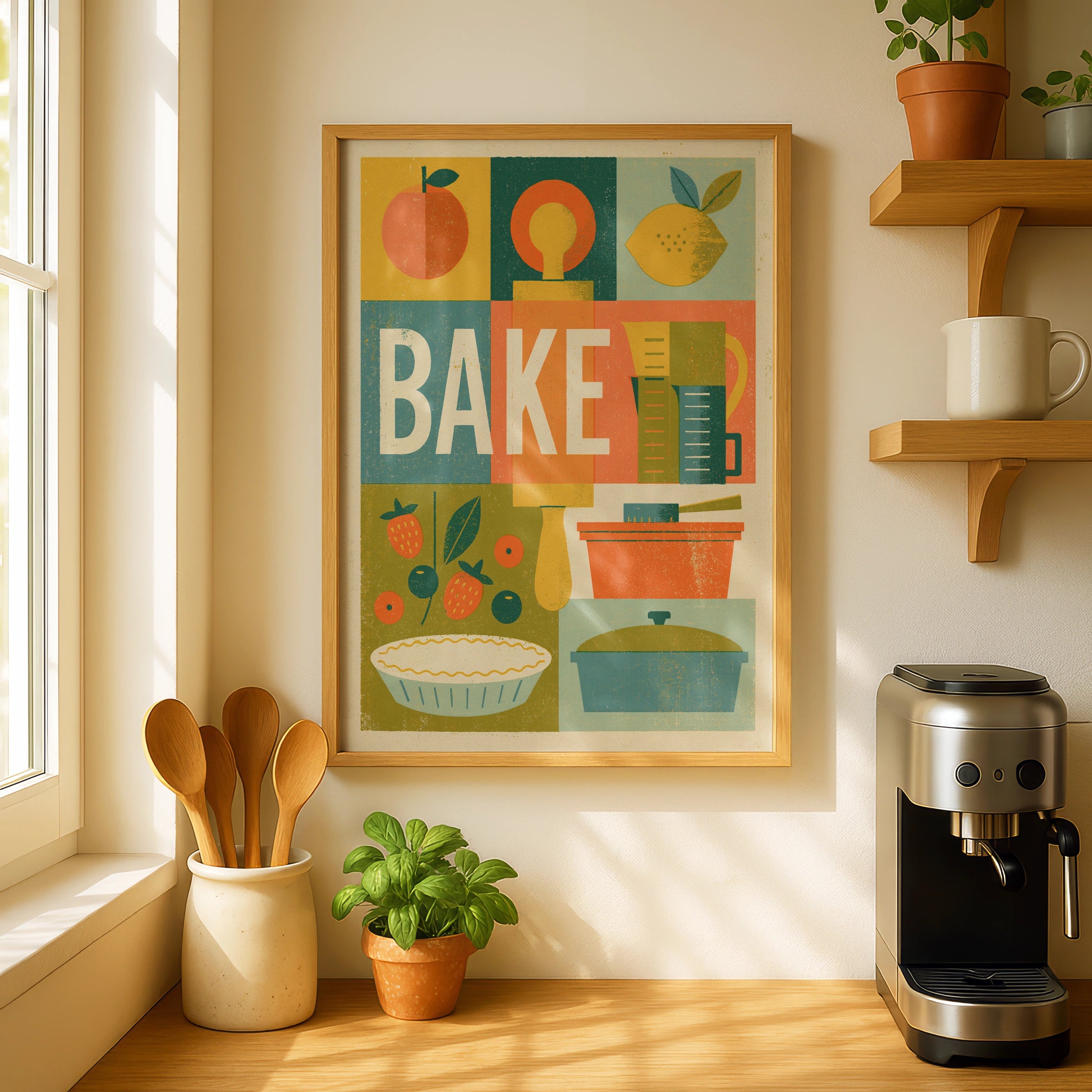 Vintage Food Poster Print, Bake Kitchen Wall Art, Rustic Retro Mid Century Risograph Decor