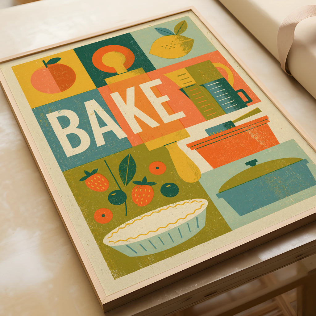 Vintage Food Poster Print, Bake Kitchen Wall Art, Rustic Retro Mid Century Risograph Decor