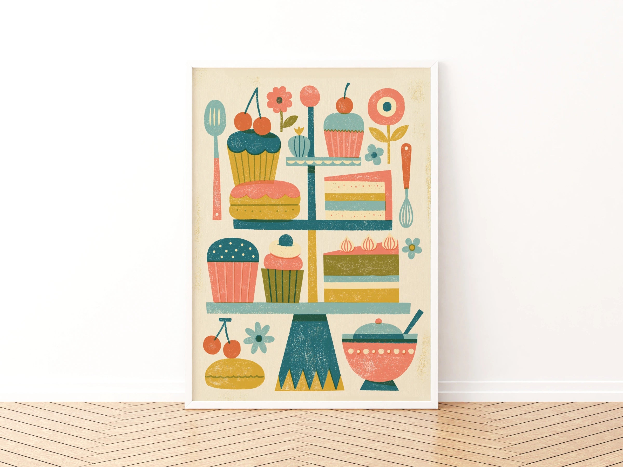 Vintage Food Poster Print, Retro Baking Cake Stand Art, Rustic Kitchen Decor, Mid Century Risograph