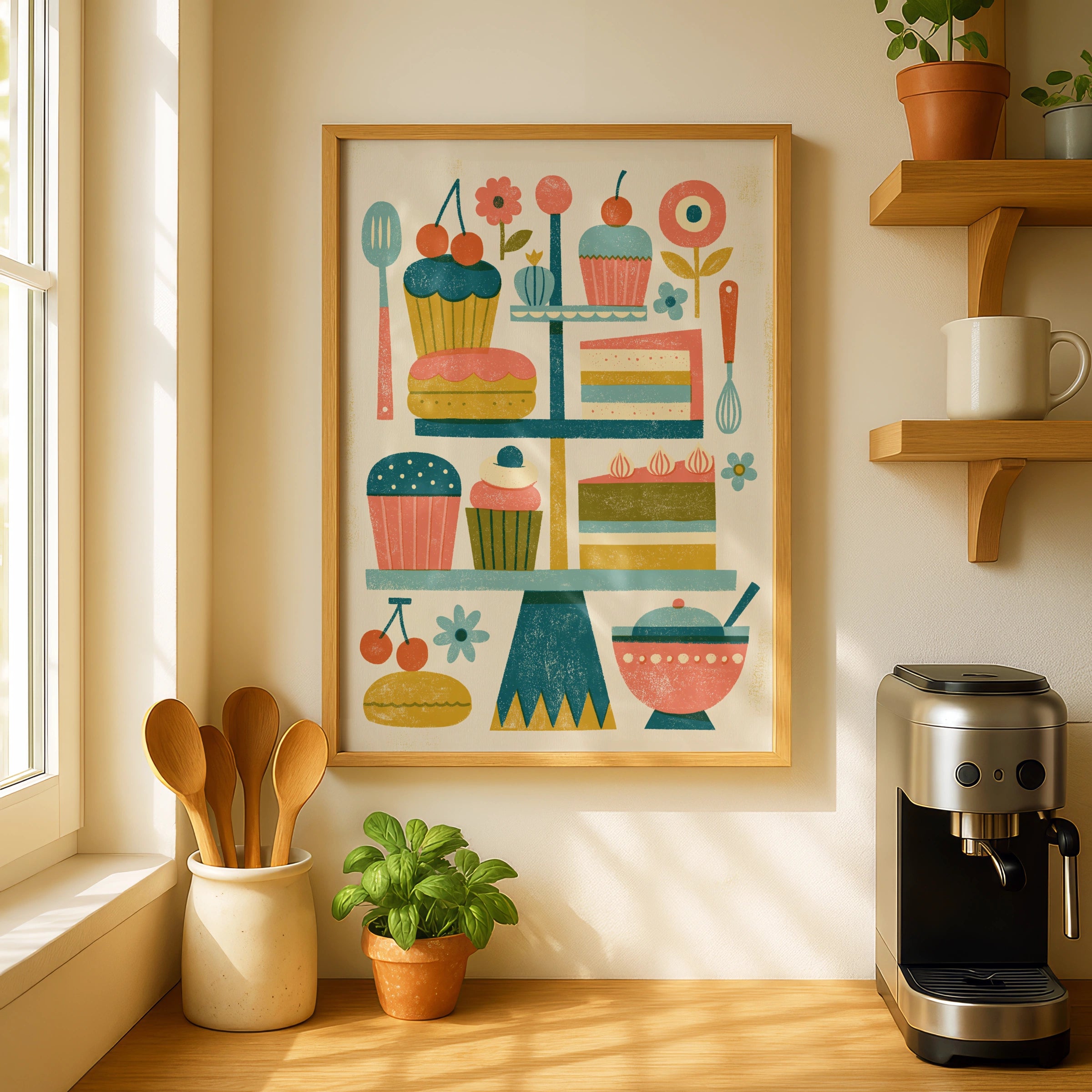 Vintage Food Poster Print, Retro Baking Cake Stand Art, Rustic Kitchen Decor, Mid Century Risograph