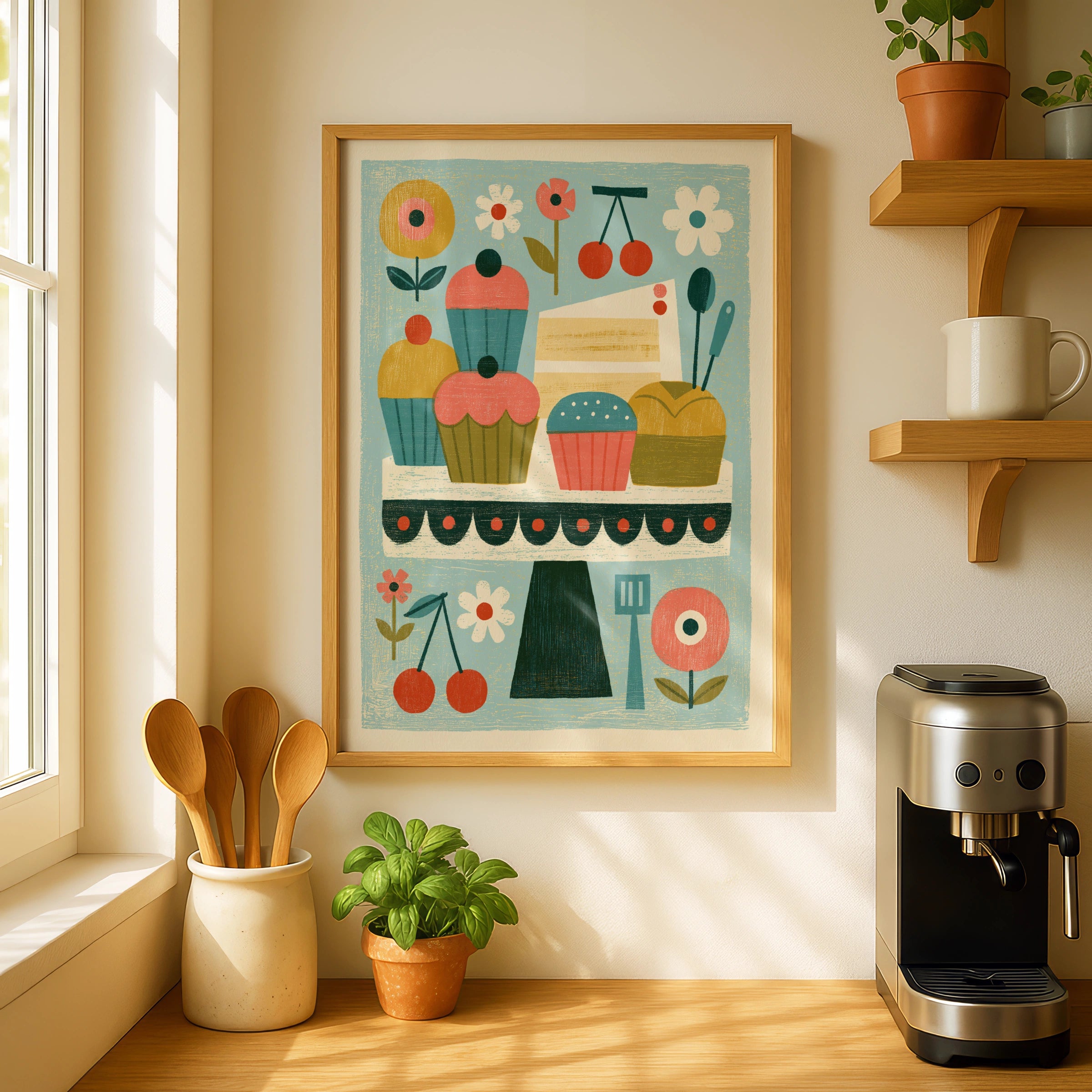 Vintage Food Poster Print, Cupcake Cake Stand Art, Rustic Kitchen Decor, Retro Mid Century Risograph