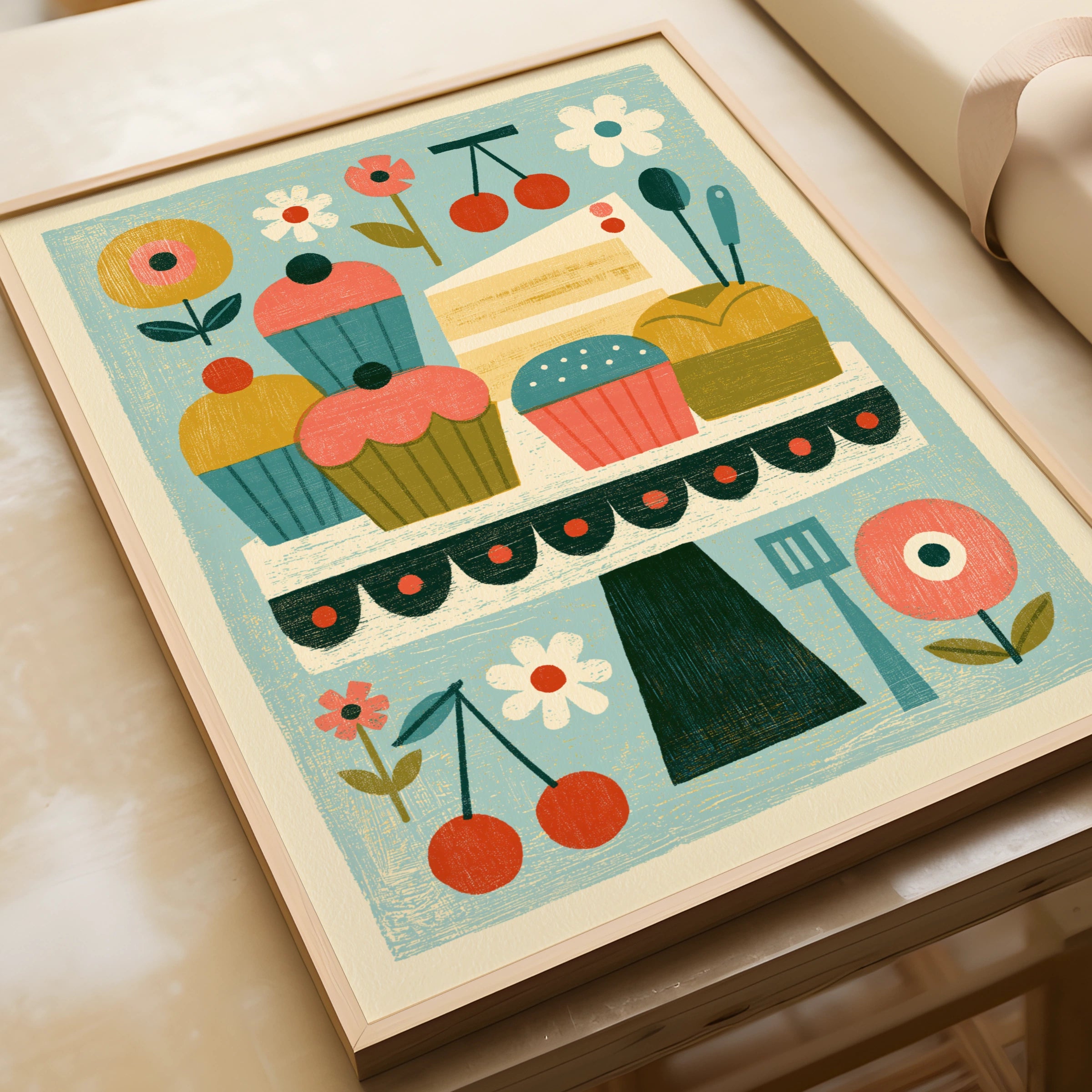 Vintage Food Poster Print, Cupcake Cake Stand Art, Rustic Kitchen Decor, Retro Mid Century Risograph
