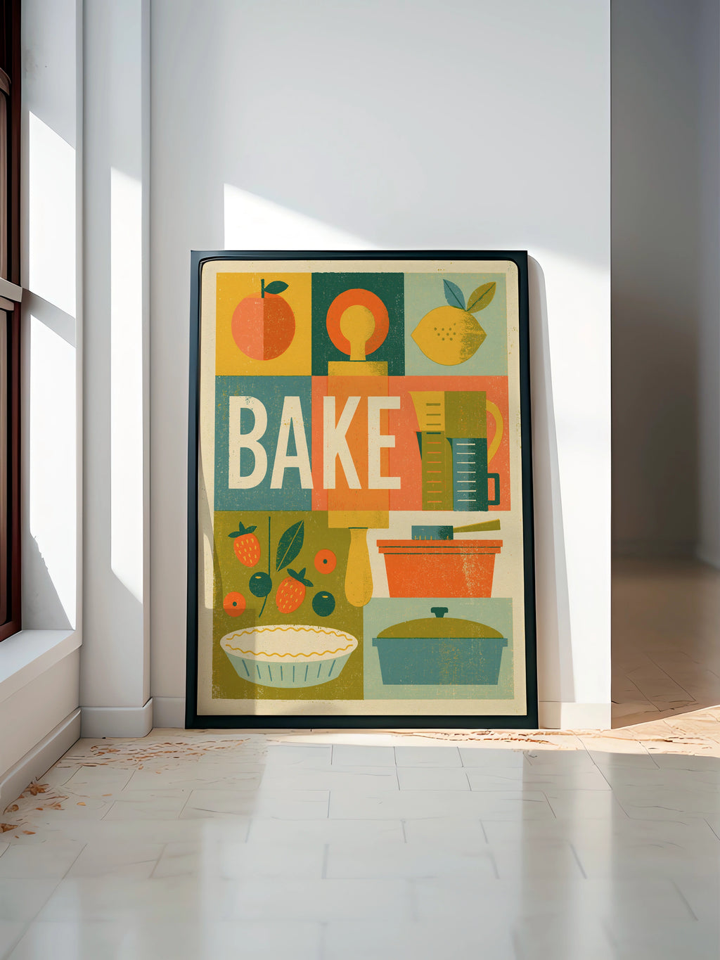 Vintage Food Poster Print, Bake Kitchen Wall Art, Rustic Retro Mid Century Risograph Decor