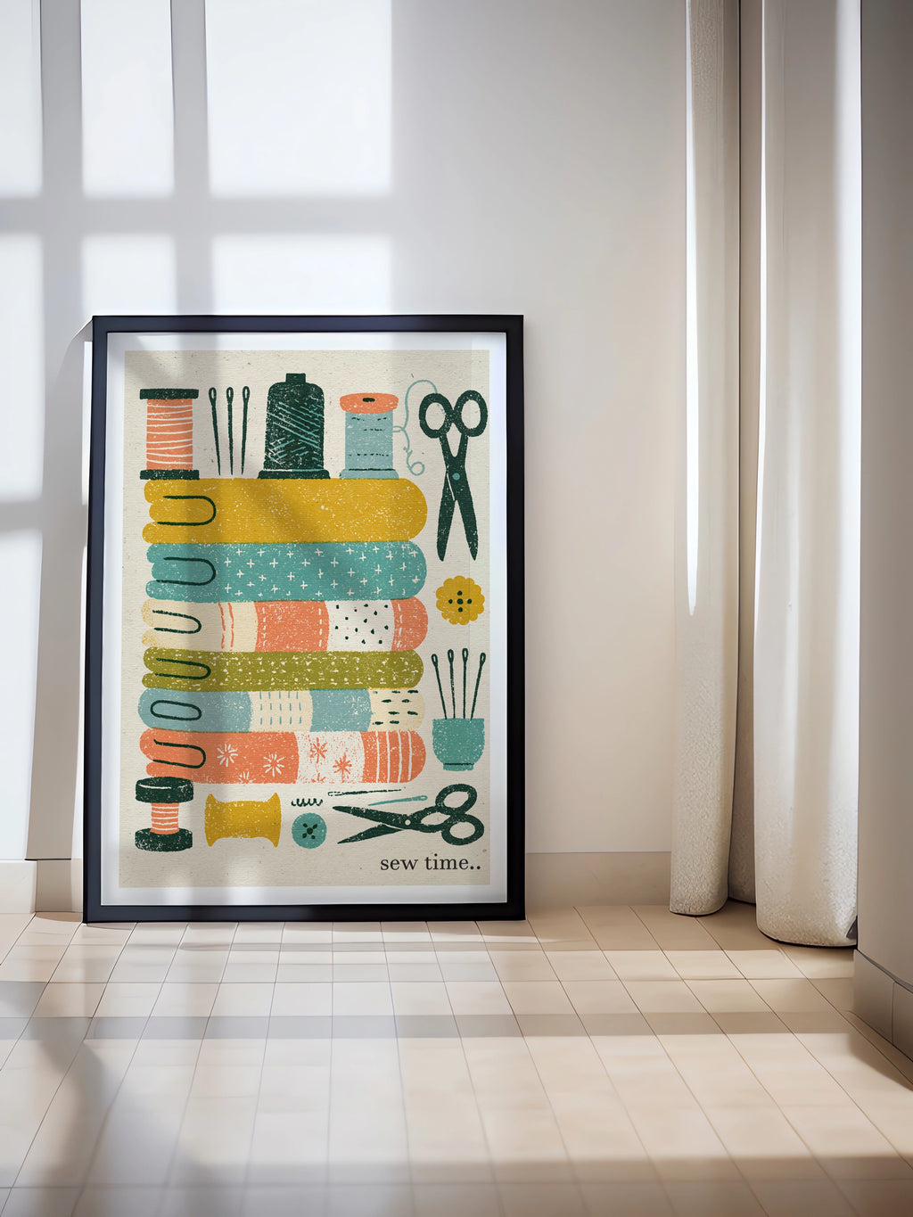 Sew Time Retro Sewing Print, Craft Room Wall Art, Fabric Scissors Thread Poster