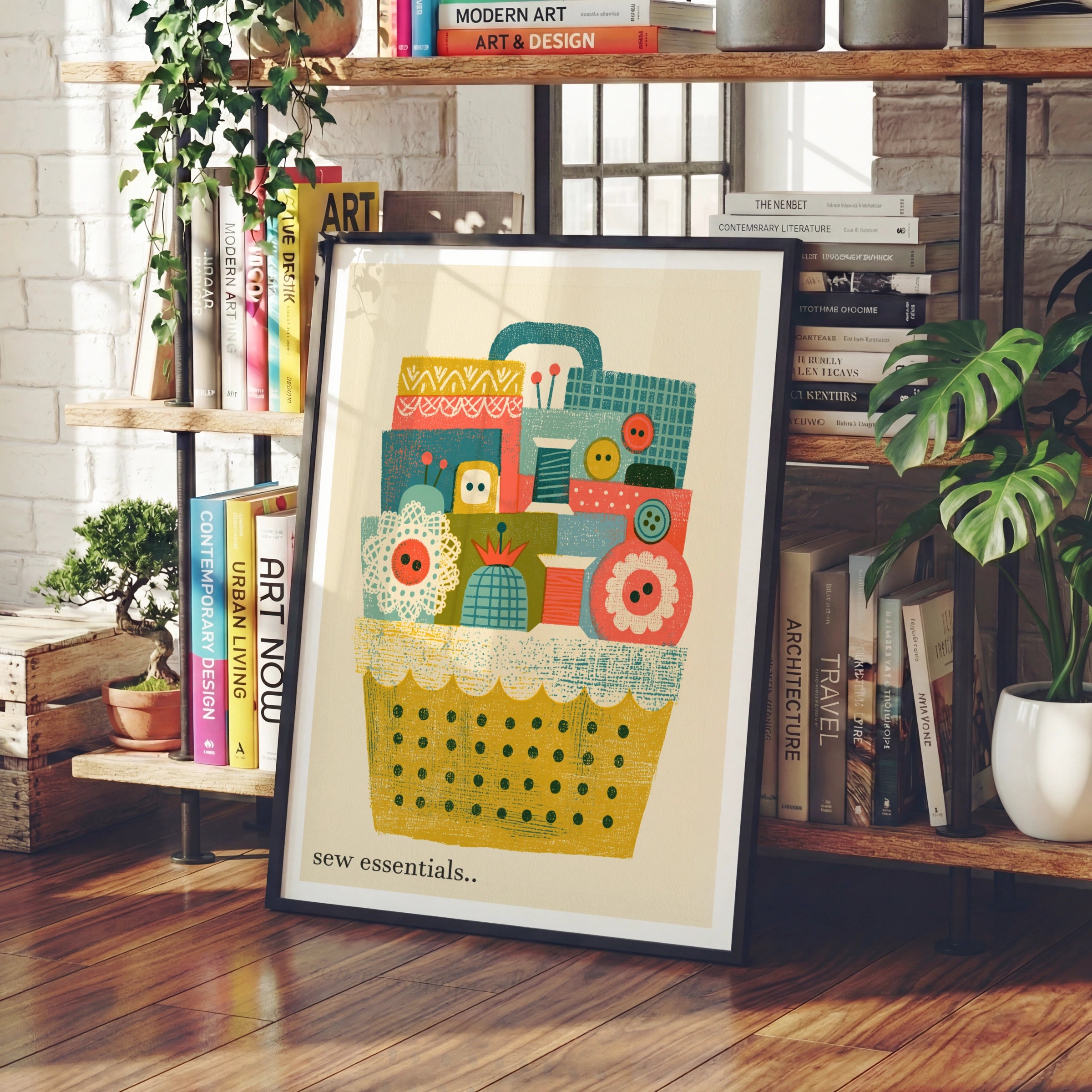 Retro Sewing Basket Print, Craft Room Wall Art, Buttons Thread Poster, Sewing Gift
