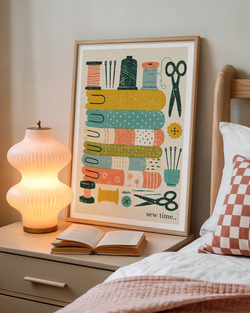 Sew Time Retro Sewing Print, Craft Room Wall Art, Fabric Scissors Thread Poster