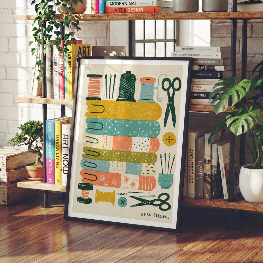Sew Time Retro Sewing Print, Craft Room Wall Art, Fabric Scissors Thread Poster