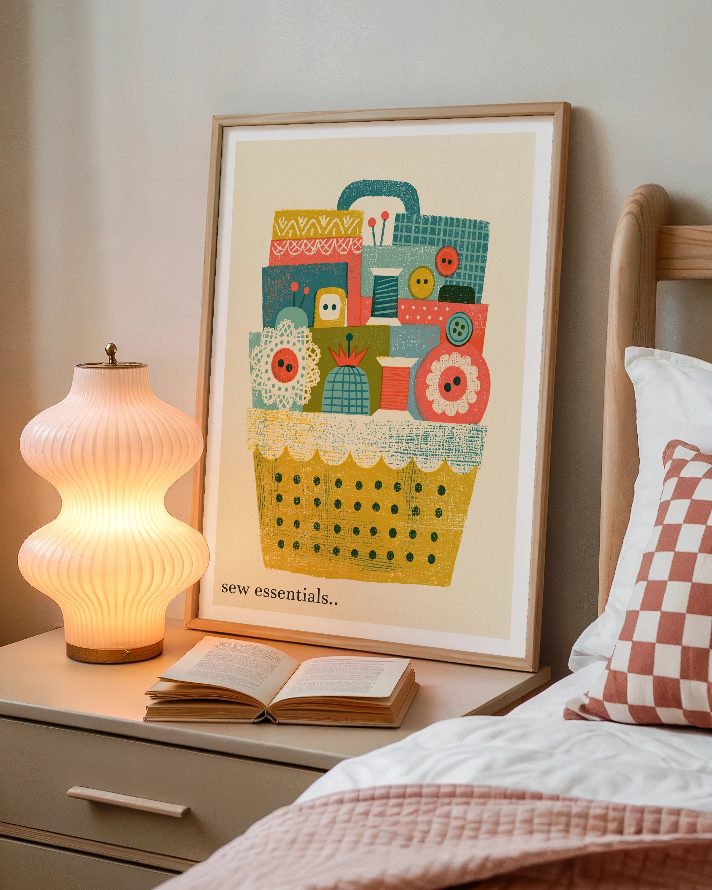 Retro Sewing Basket Print, Craft Room Wall Art, Buttons Thread Poster, Sewing Gift