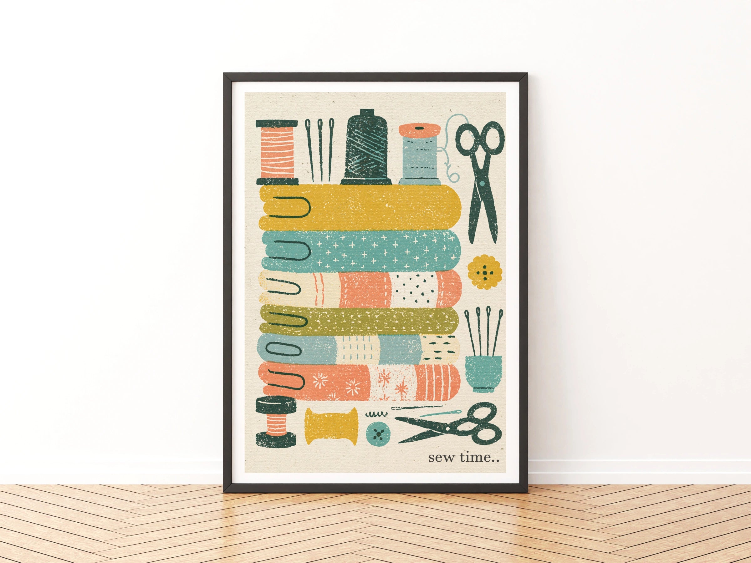Sew Time Retro Sewing Print, Craft Room Wall Art, Fabric Scissors Thread Poster