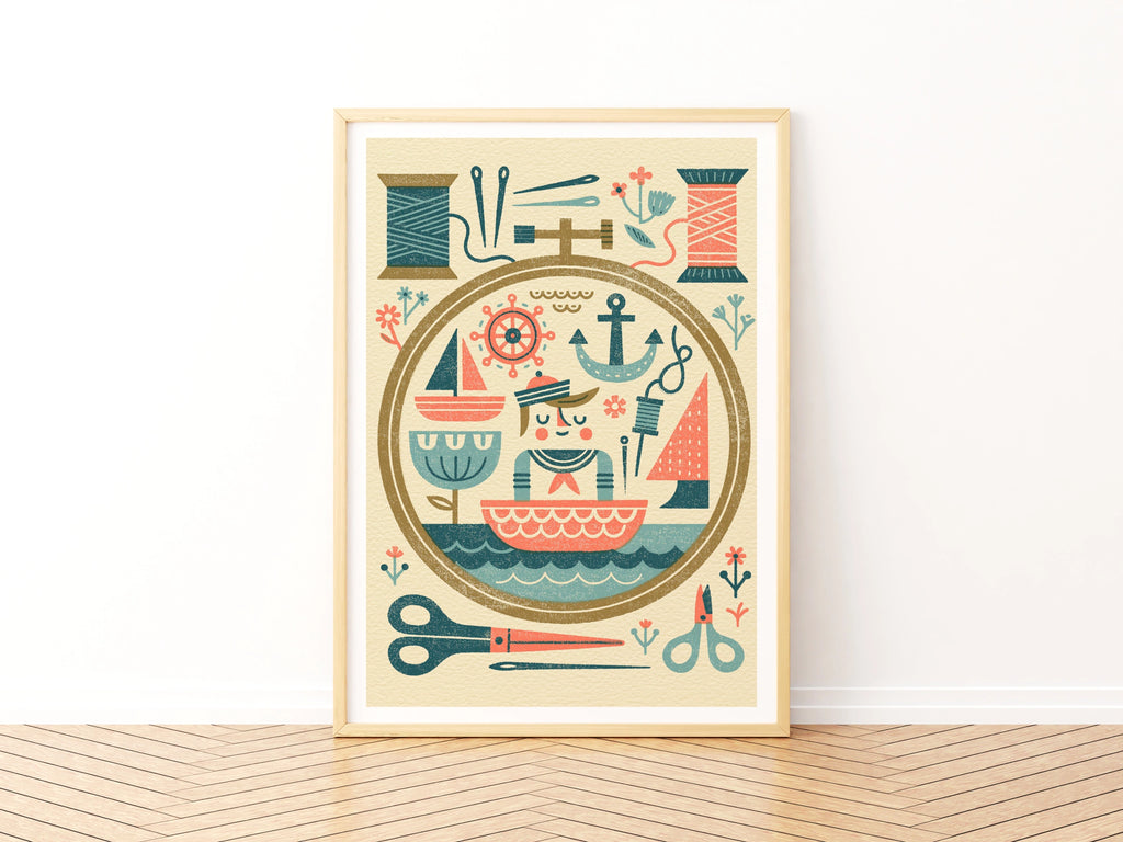Retro Sewing Print, Nautical Craft Room Wall Art, Folk Art Embroidery Hoop Poster- Sailor Theme Print
