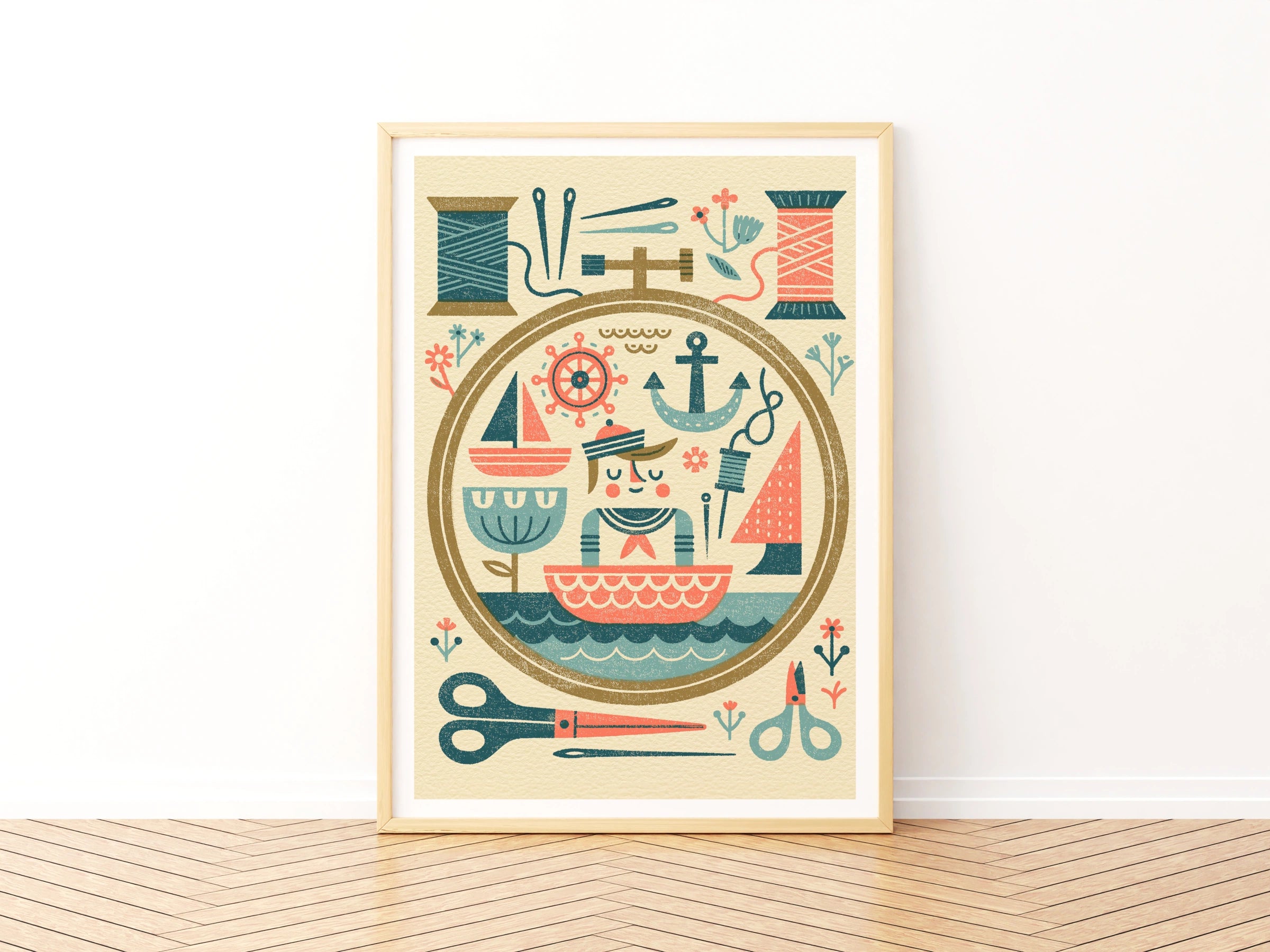 Retro Sewing Print, Nautical Craft Room Wall Art, Folk Art Embroidery Hoop Poster- Sailor Theme Print