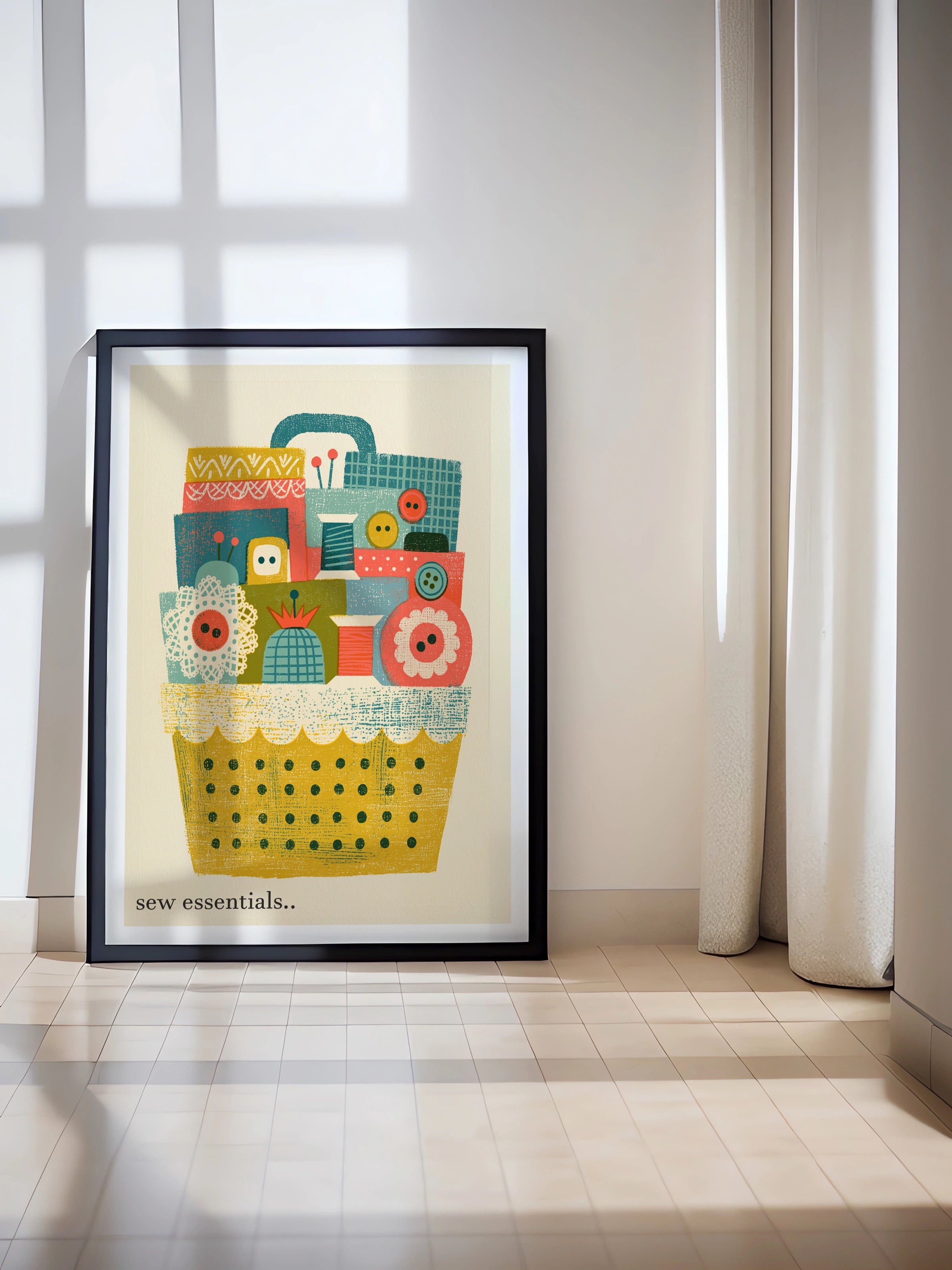 Retro Sewing Basket Print, Craft Room Wall Art, Buttons Thread Poster, Sewing Gift