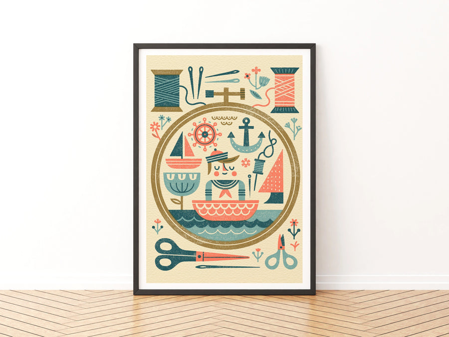 Retro Sewing Print, Nautical Craft Room Wall Art, Folk Art Embroidery Hoop Poster- Sailor Theme Print