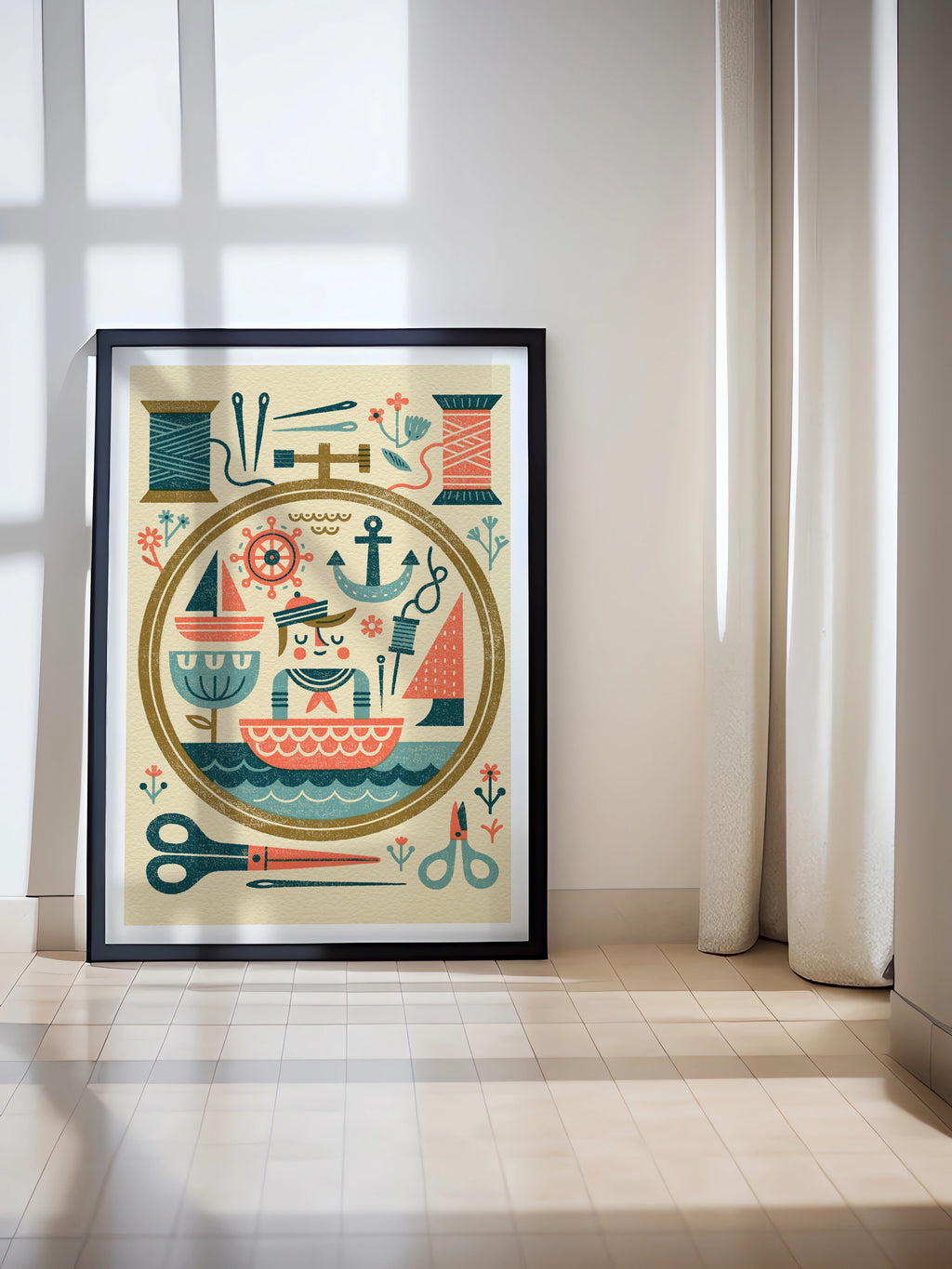 Retro Sewing Print, Nautical Craft Room Wall Art, Folk Art Embroidery Hoop Poster- Sailor Theme Print