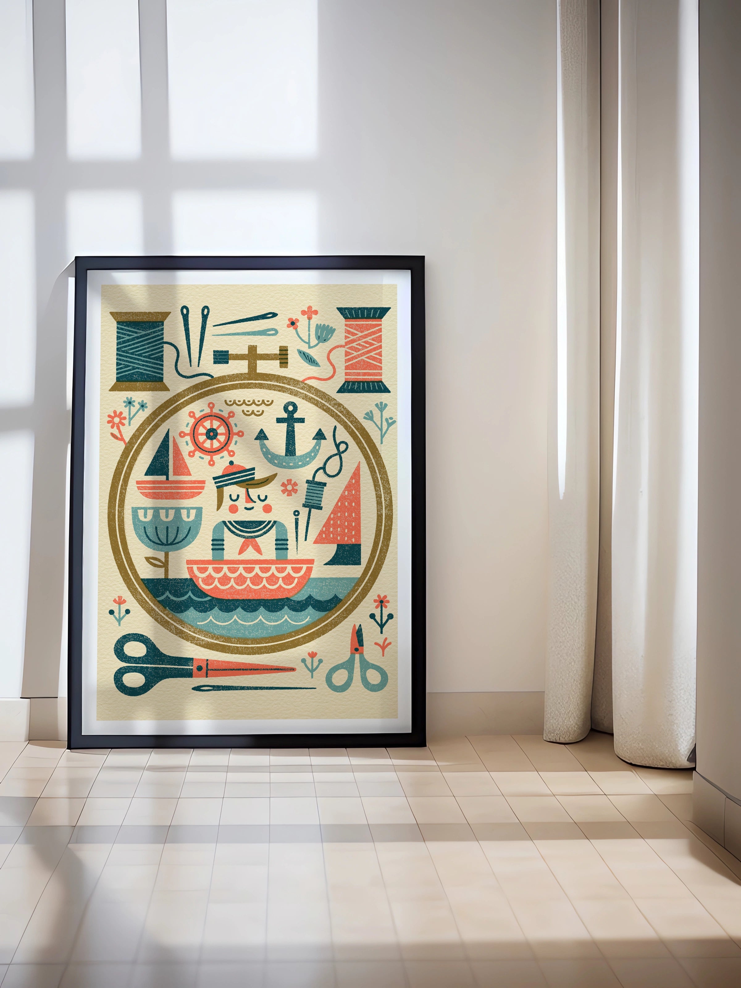 Retro Sewing Print, Nautical Craft Room Wall Art, Folk Art Embroidery Hoop Poster- Sailor Theme Print