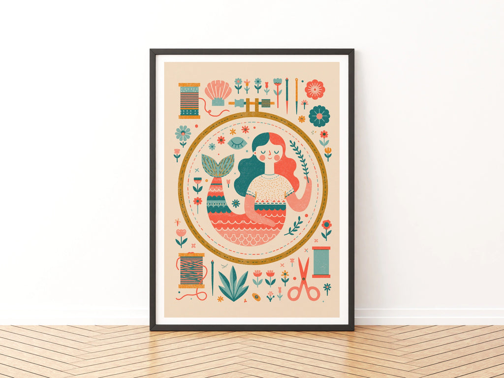 Retro Mermaid Sewing Print, Craft Room Wall Art, Embroidery Hoop Poster, Folk - Mid century Style Print