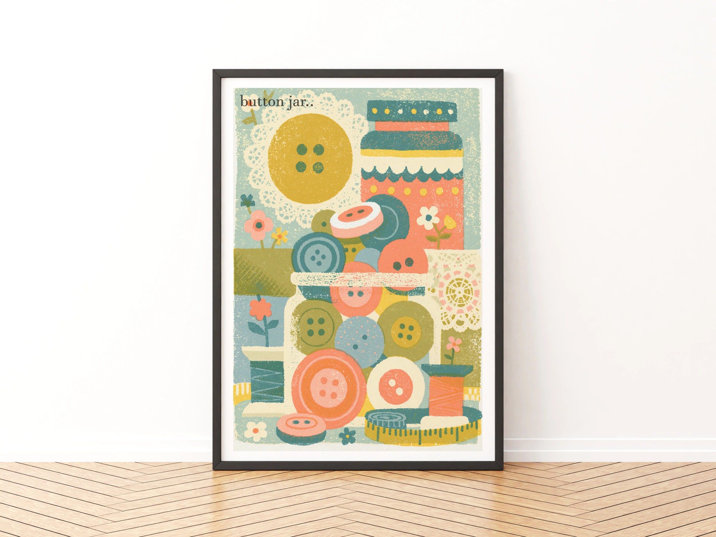 Retro Button Jar Sewing Print, Craft Room Wall Art, Vintage Haberdashery Poster