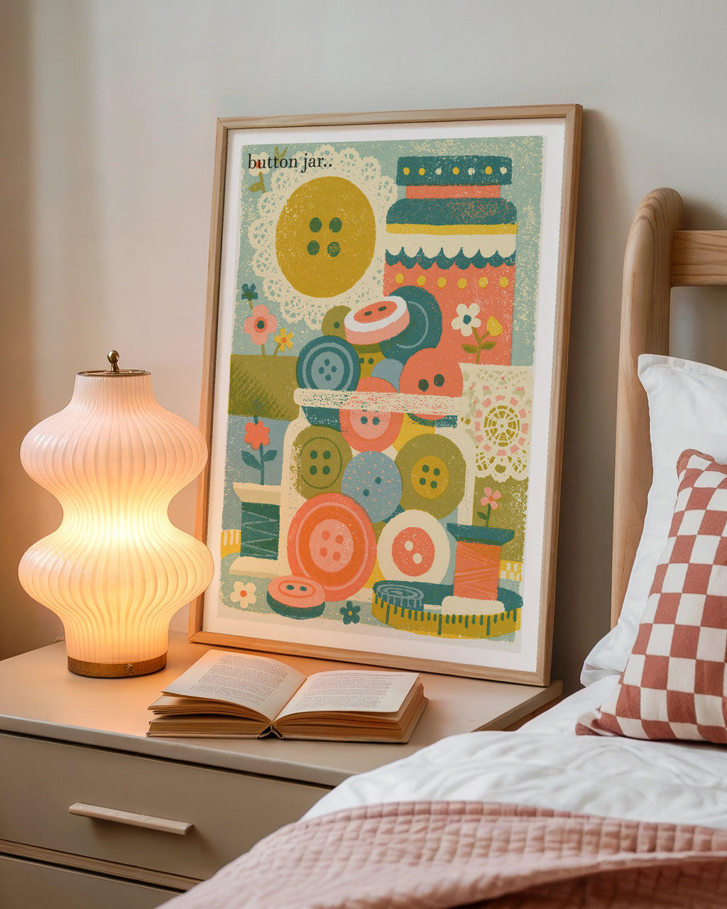 Retro Button Jar Sewing Print, Craft Room Wall Art, Vintage Haberdashery Poster