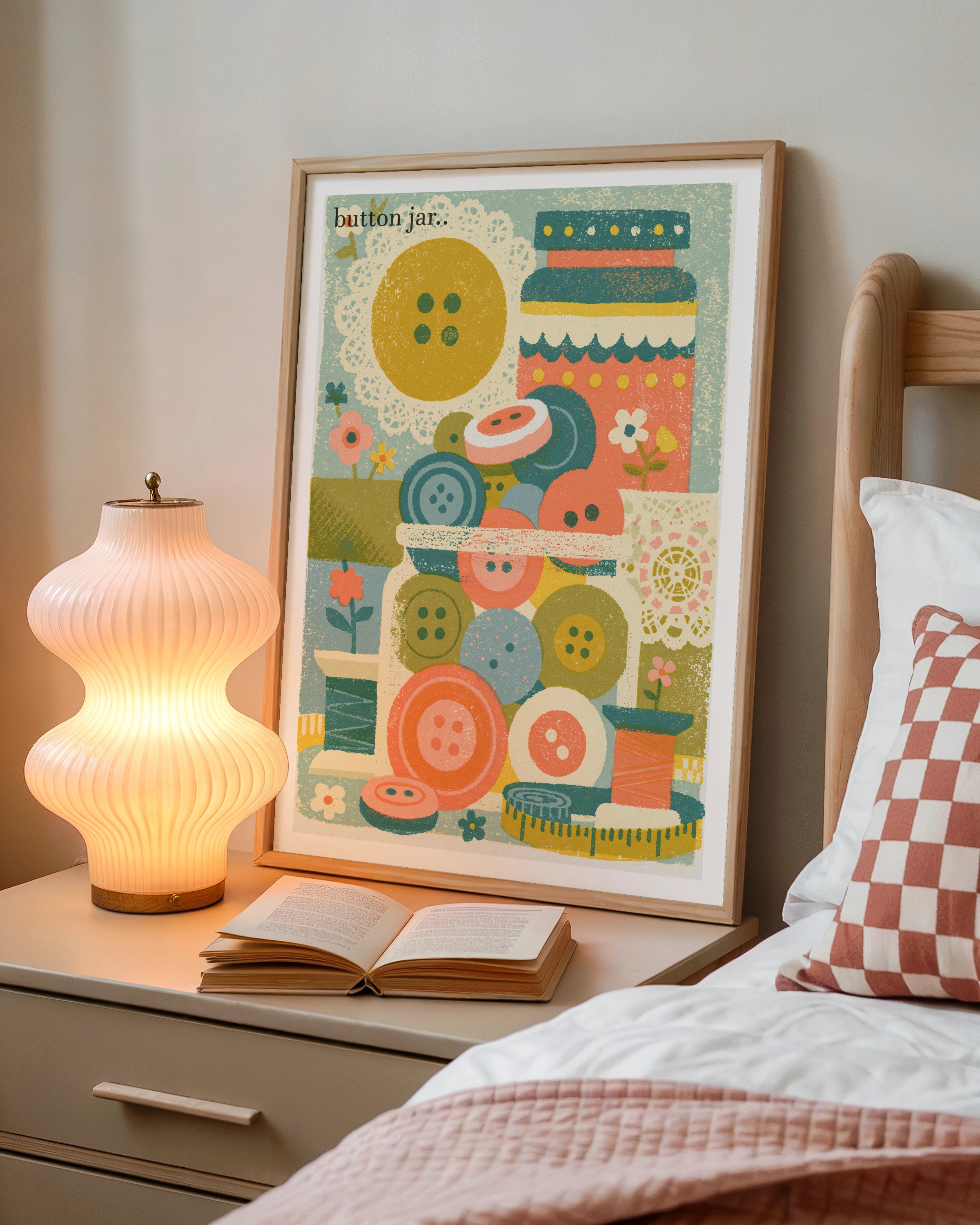 Retro Button Jar Sewing Print, Craft Room Wall Art, Vintage Haberdashery Poster