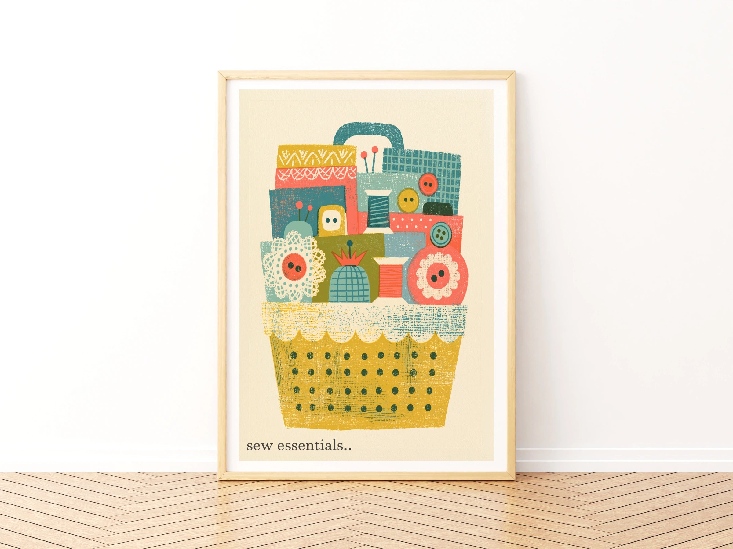 Retro Sewing Basket Print, Craft Room Wall Art, Buttons Thread Poster, Sewing Gift