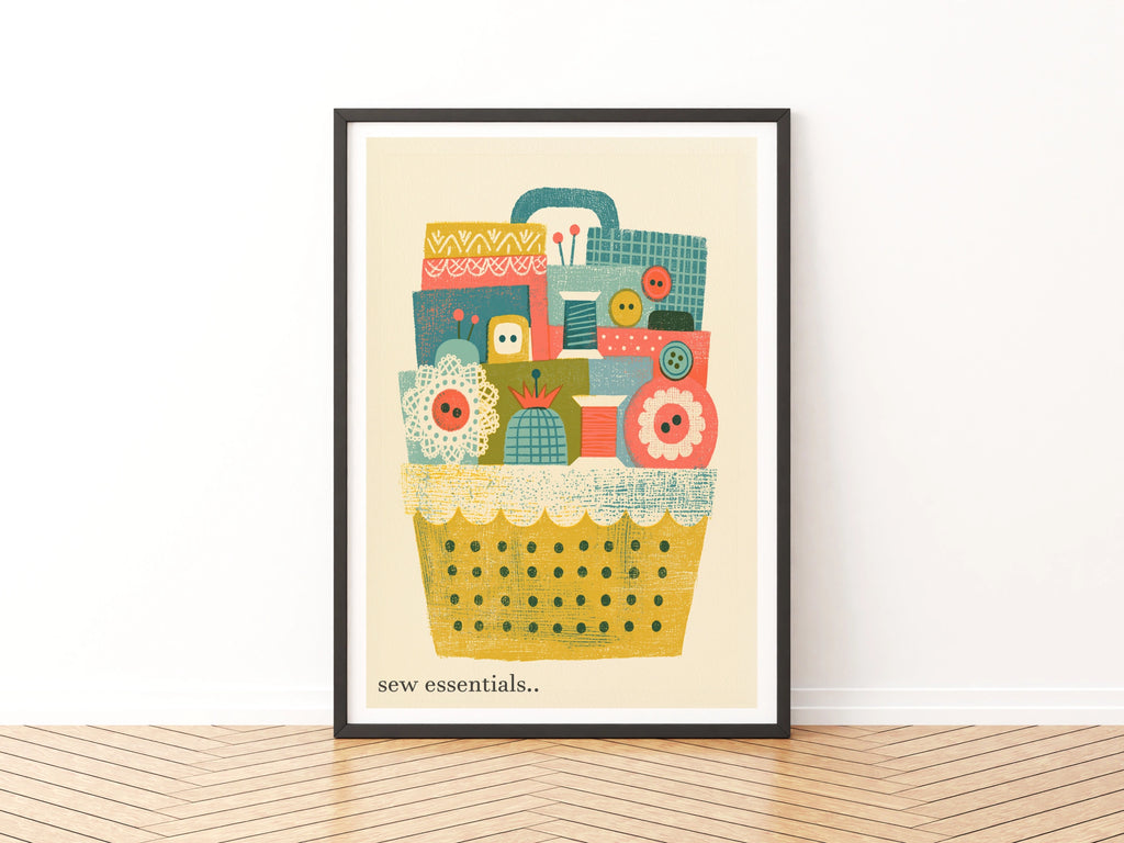 Retro Sewing Basket Print, Craft Room Wall Art, Buttons Thread Poster, Sewing Gift