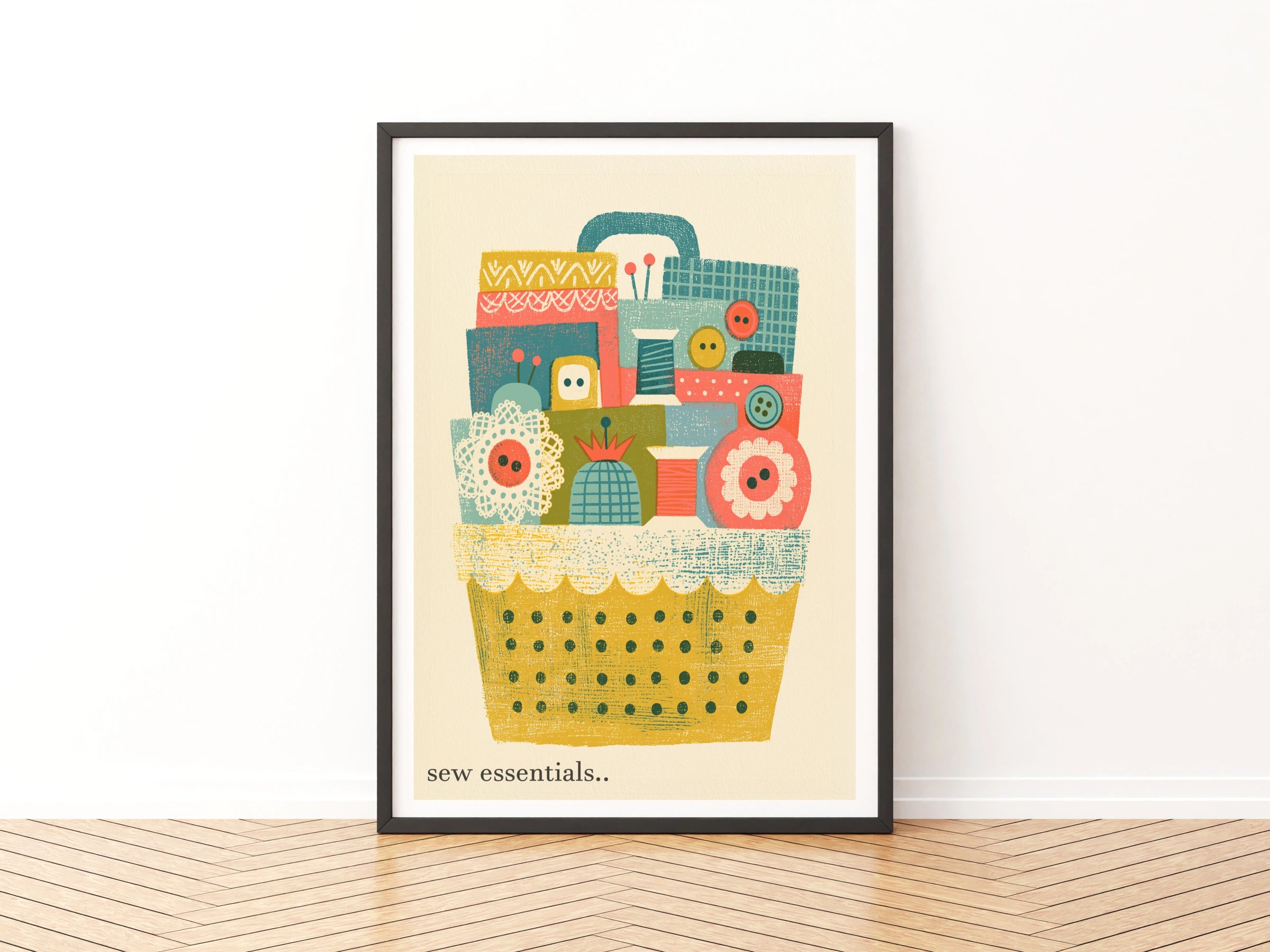 Retro Sewing Basket Print, Craft Room Wall Art, Buttons Thread Poster, Sewing Gift