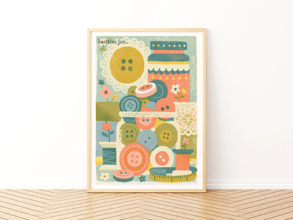 Retro Button Jar Sewing Print, Craft Room Wall Art, Vintage Haberdashery Poster