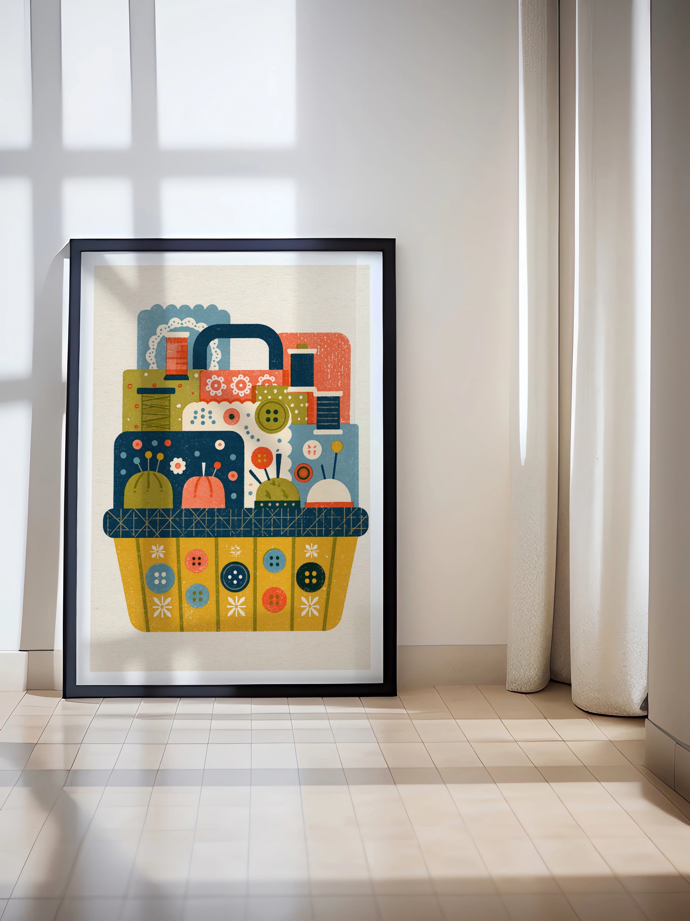 Retro Sewing Basket Print, Craft Room Wall Art, Thread Buttons Pincushion Poster