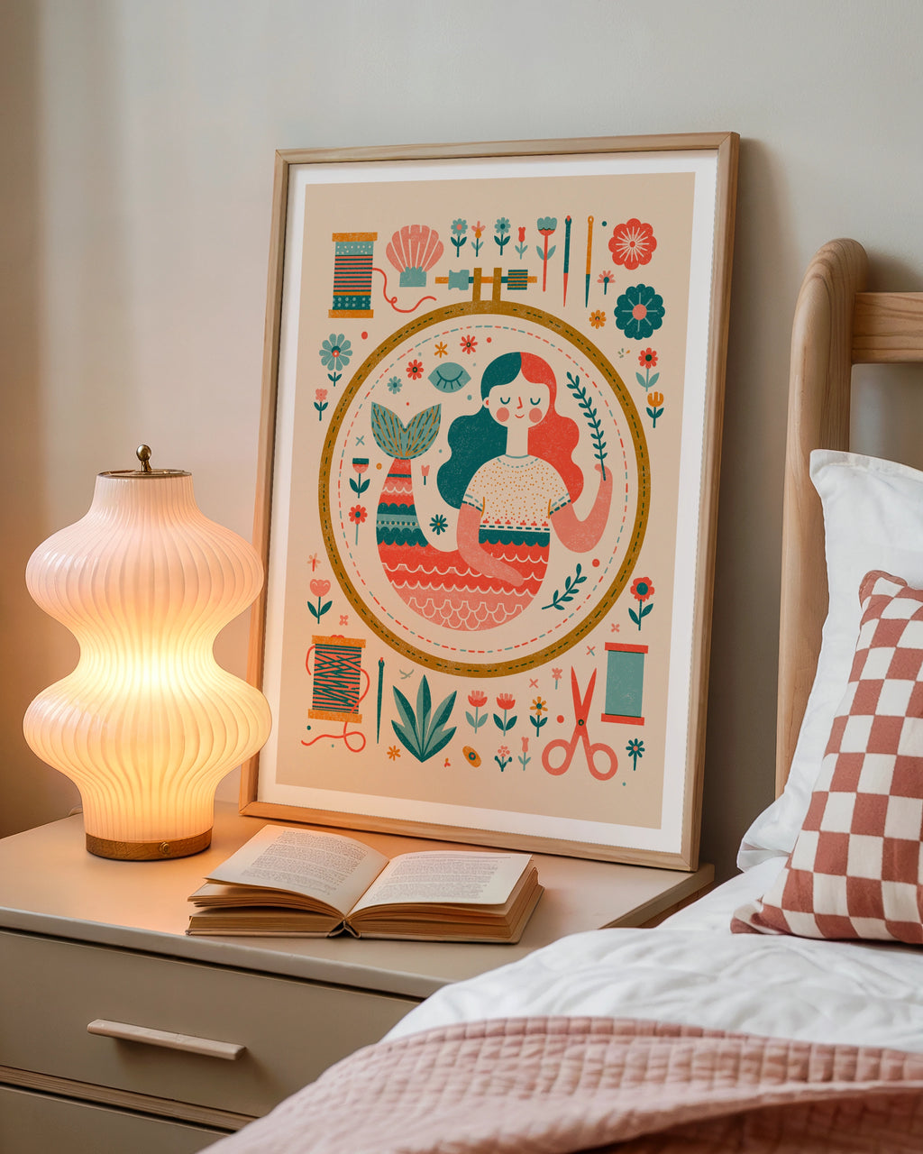 Retro Mermaid Sewing Print, Craft Room Wall Art, Embroidery Hoop Poster, Folk - Mid century Style Print