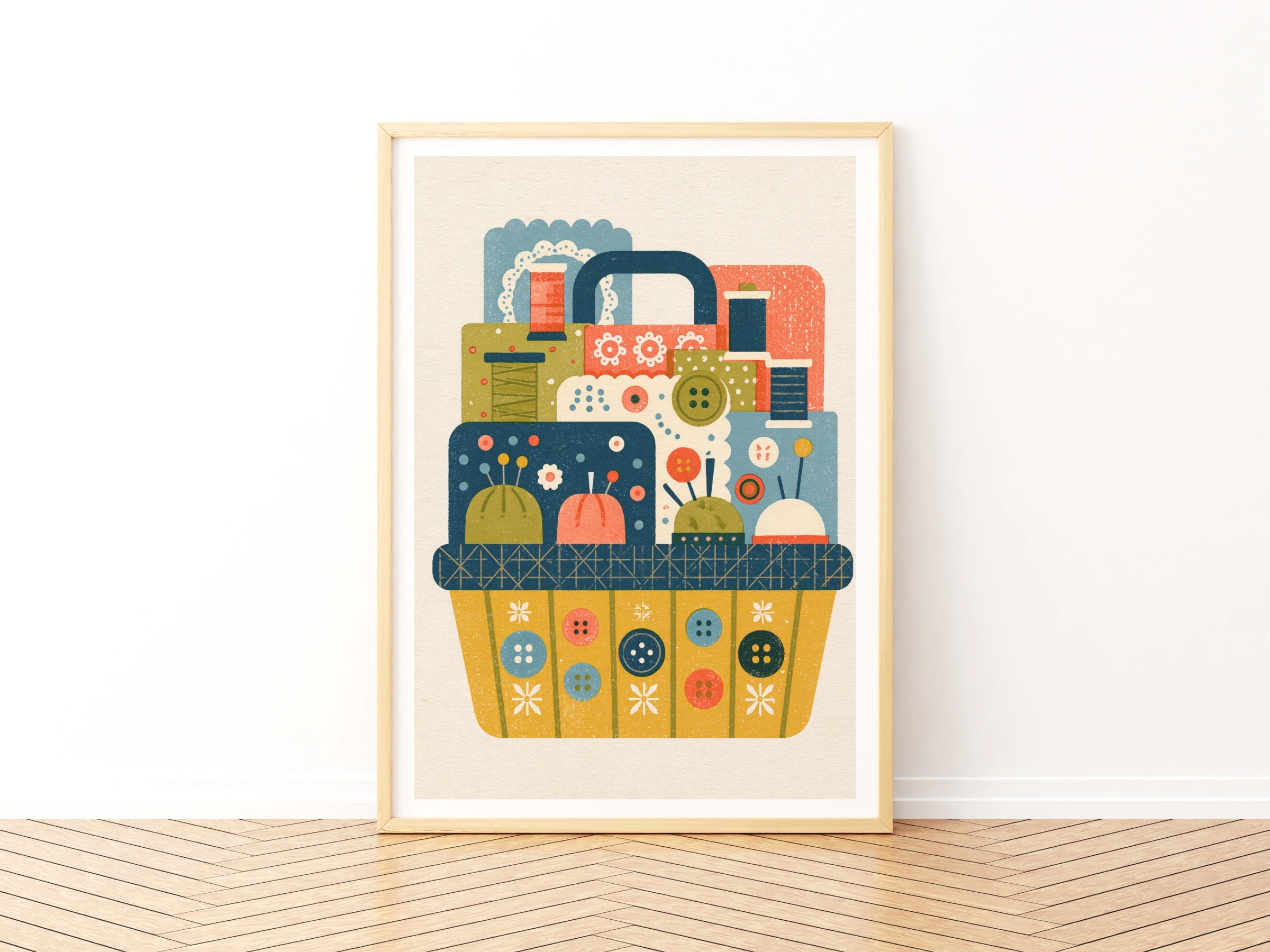 Retro Sewing Basket Print, Craft Room Wall Art, Thread Buttons Pincushion Poster