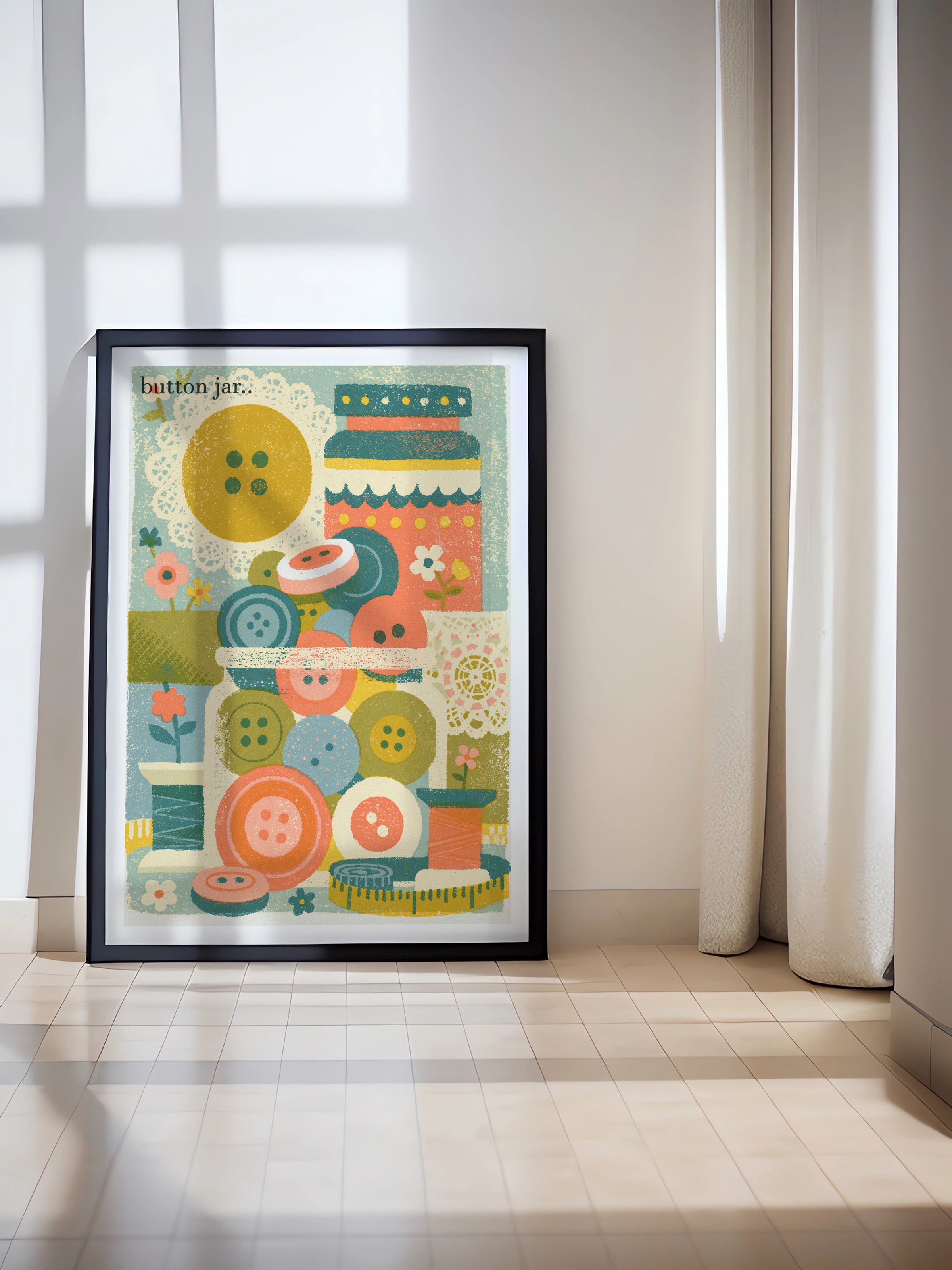 Retro Button Jar Sewing Print, Craft Room Wall Art, Vintage Haberdashery Poster