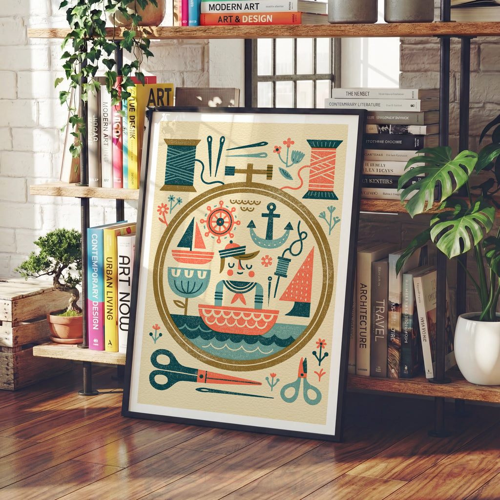 Retro Sewing Print, Nautical Craft Room Wall Art, Folk Art Embroidery Hoop Poster- Sailor Theme Print