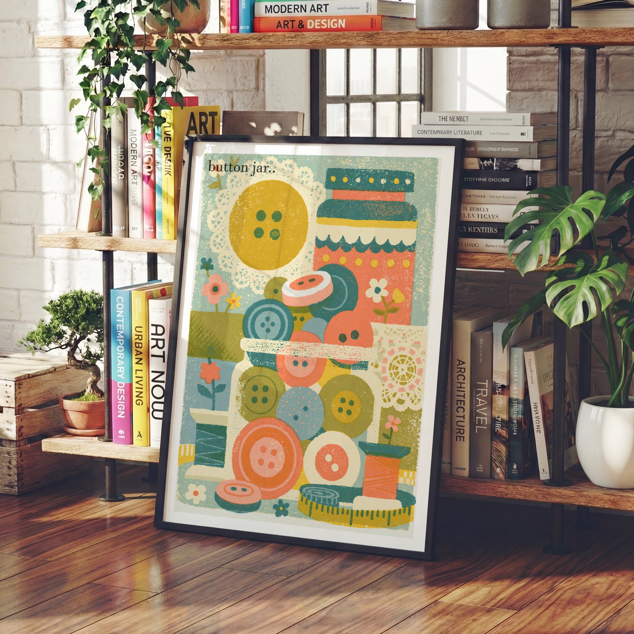 Retro Button Jar Sewing Print, Craft Room Wall Art, Vintage Haberdashery Poster