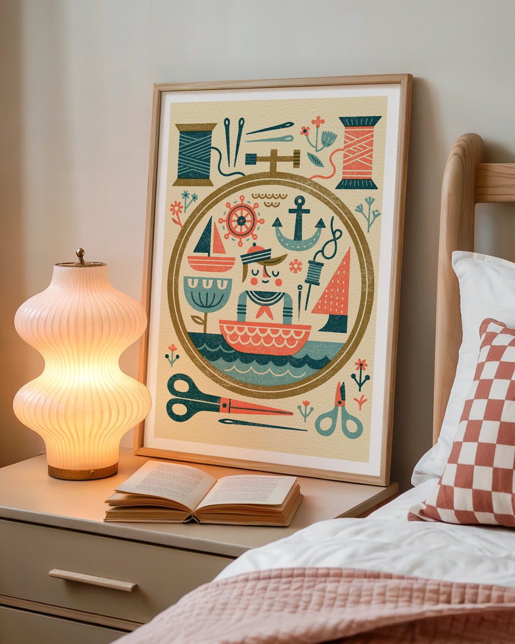 Retro Sewing Print, Nautical Craft Room Wall Art, Folk Art Embroidery Hoop Poster- Sailor Theme Print