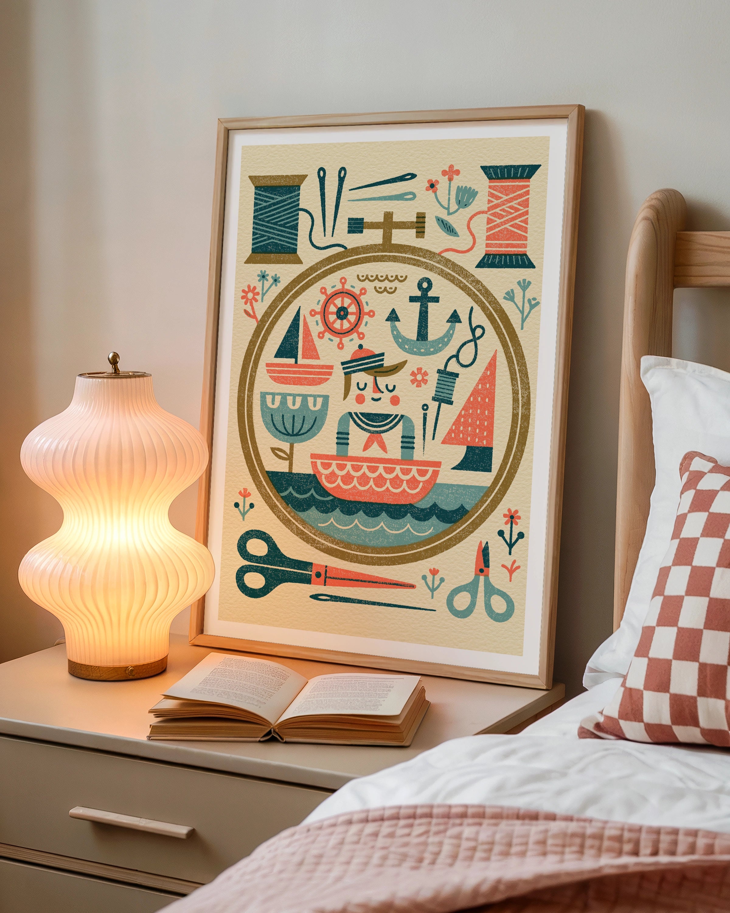 Retro Sewing Print, Nautical Craft Room Wall Art, Folk Art Embroidery Hoop Poster- Sailor Theme Print