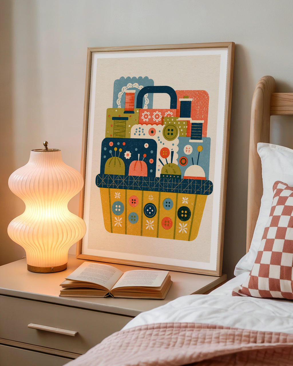 Retro Sewing Basket Print, Craft Room Wall Art, Thread Buttons Pincushion Poster