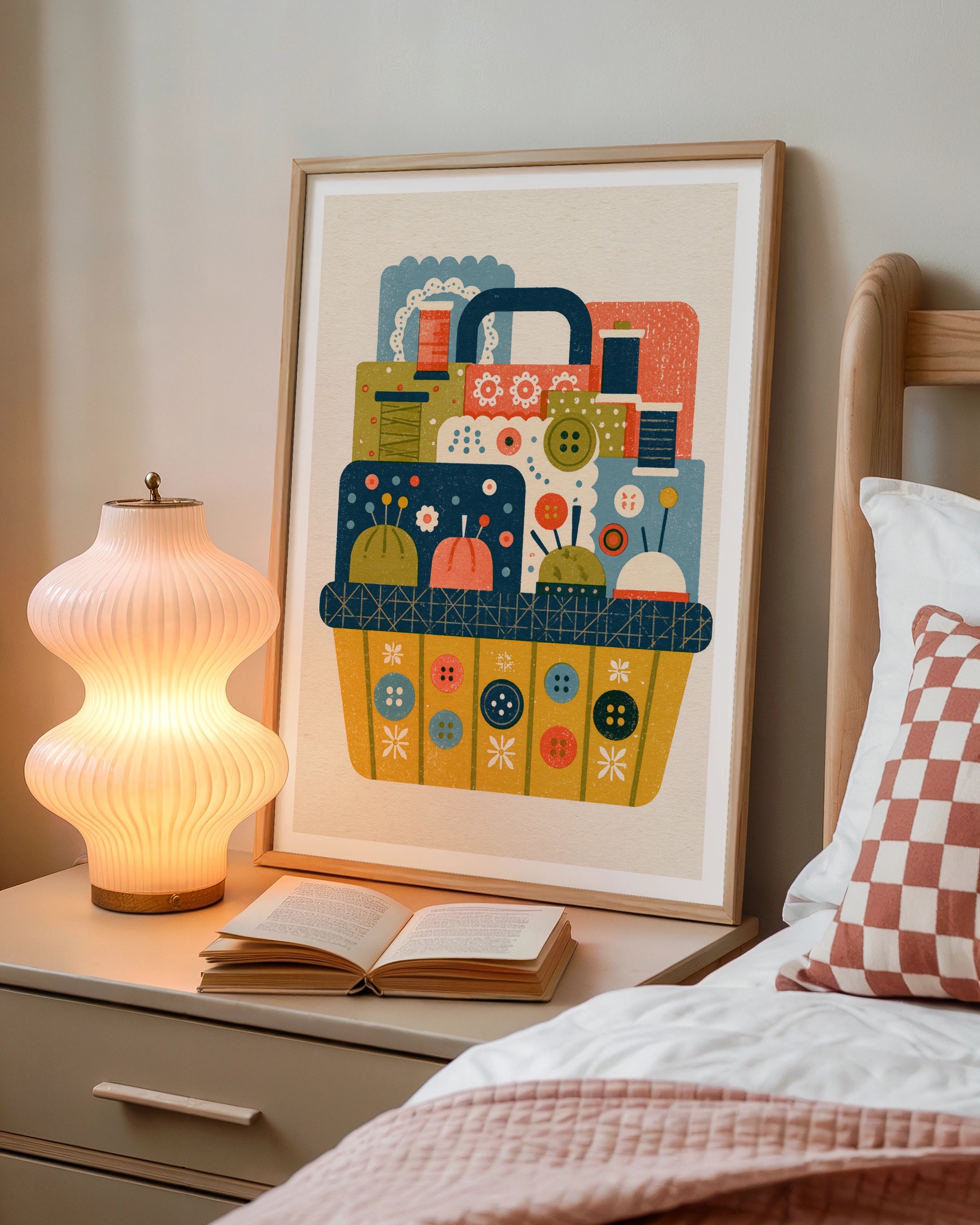 Retro Sewing Basket Print, Craft Room Wall Art, Thread Buttons Pincushion Poster