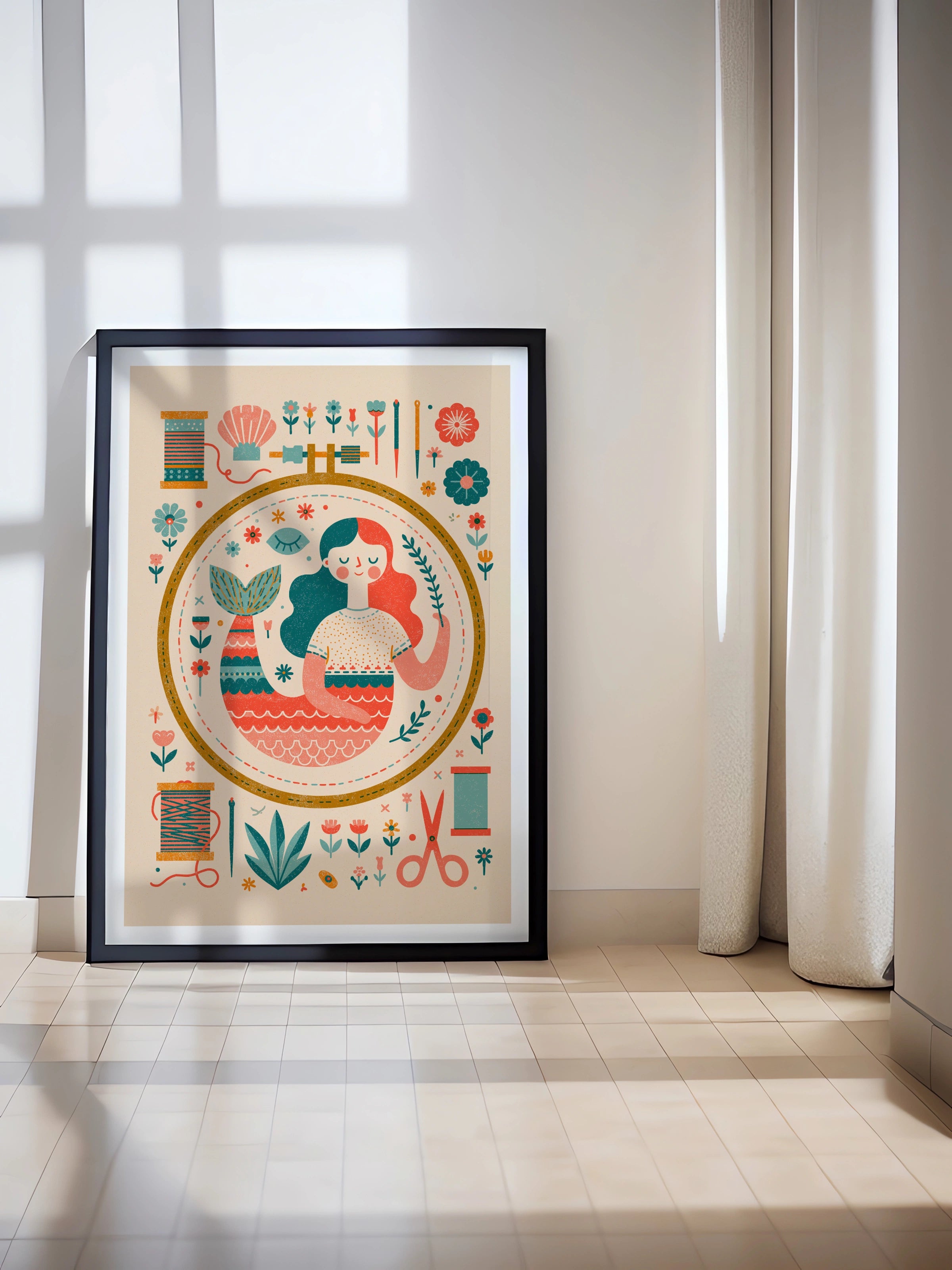 Retro Mermaid Sewing Print, Craft Room Wall Art, Embroidery Hoop Poster, Folk - Mid century Style Print