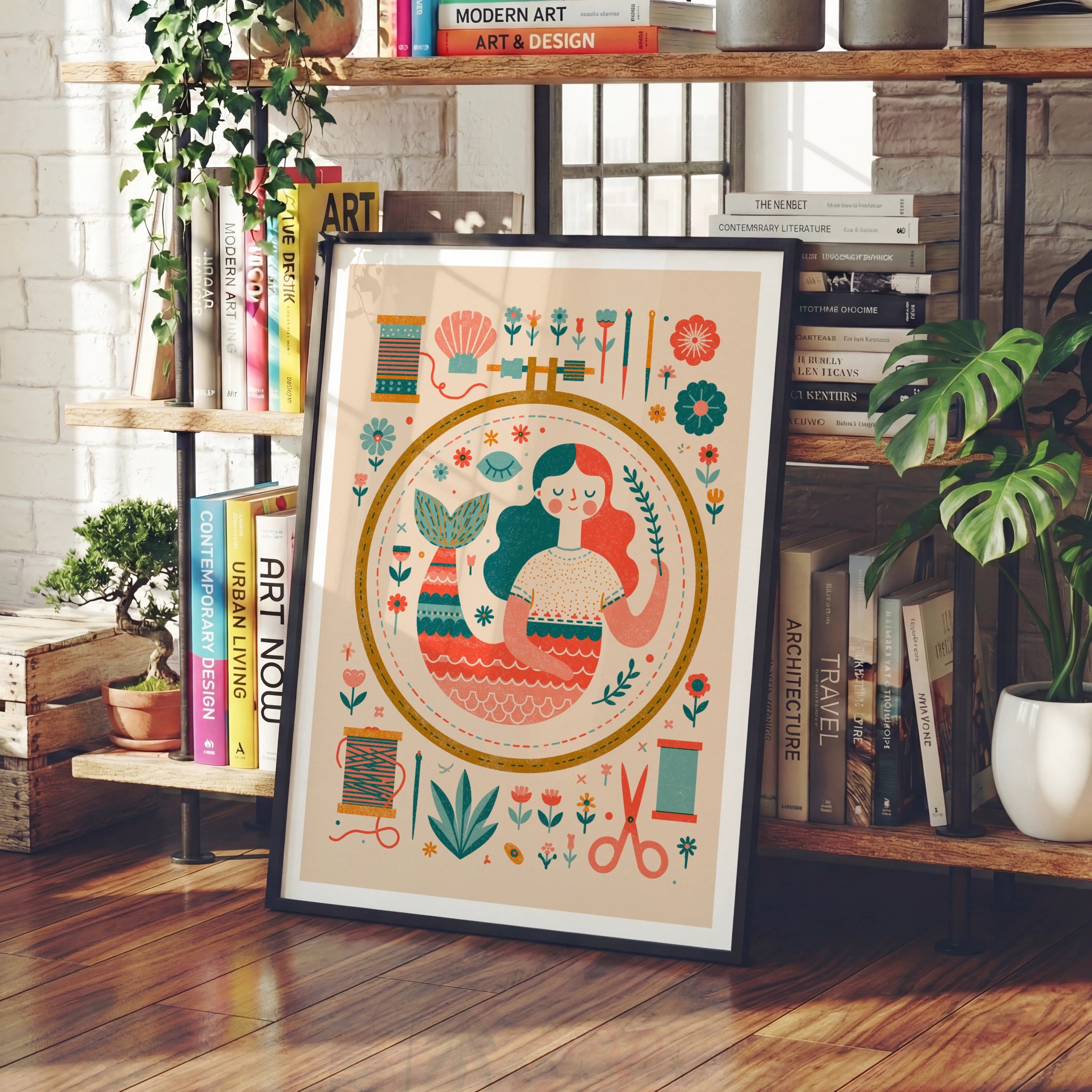 Retro Mermaid Sewing Print, Craft Room Wall Art, Embroidery Hoop Poster, Folk - Mid century Style Print