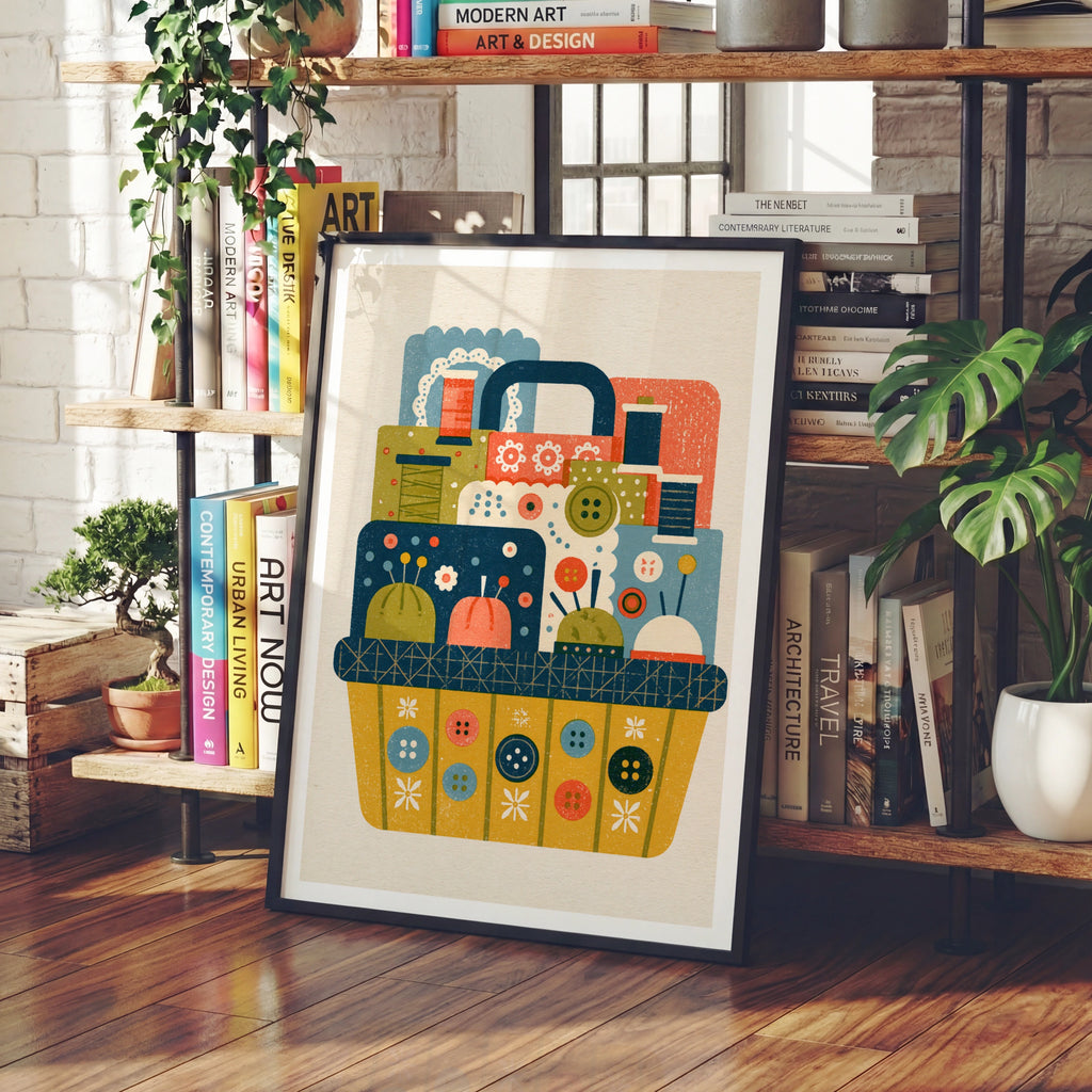 Retro Sewing Basket Print, Craft Room Wall Art, Thread Buttons Pincushion Poster