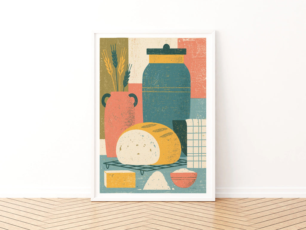 Vintage Food Poster Print, Rustic Kitchen Decor, Retro Mid Century Risograph Bread Art