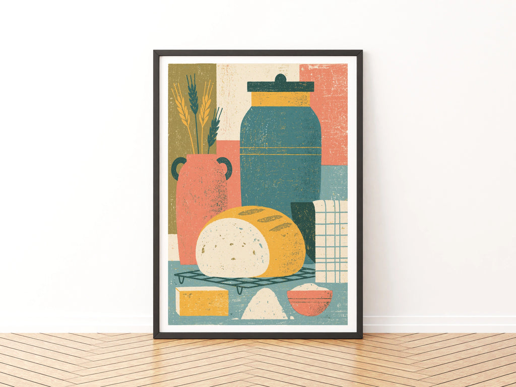 Vintage Food Poster Print, Rustic Kitchen Decor, Retro Mid Century Risograph Bread Art