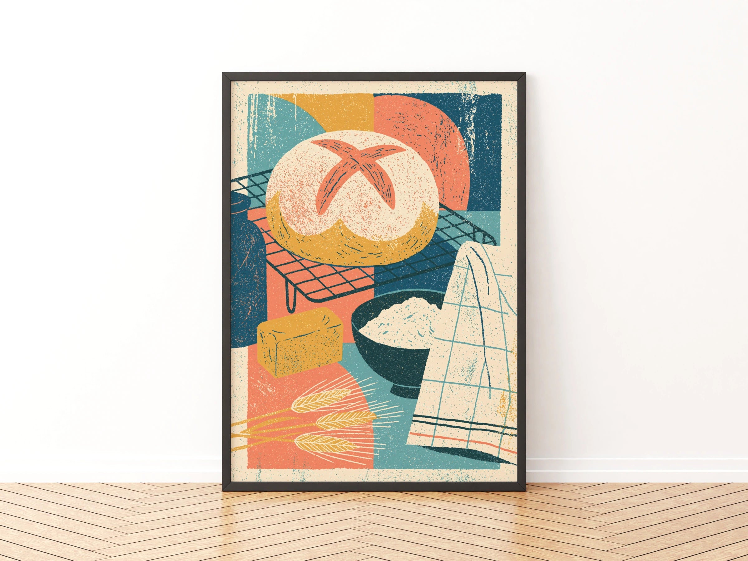 Vintage Food Poster Print, Rustic Bread Baking Art, Retro Mid Century Risograph Kitchen Decor