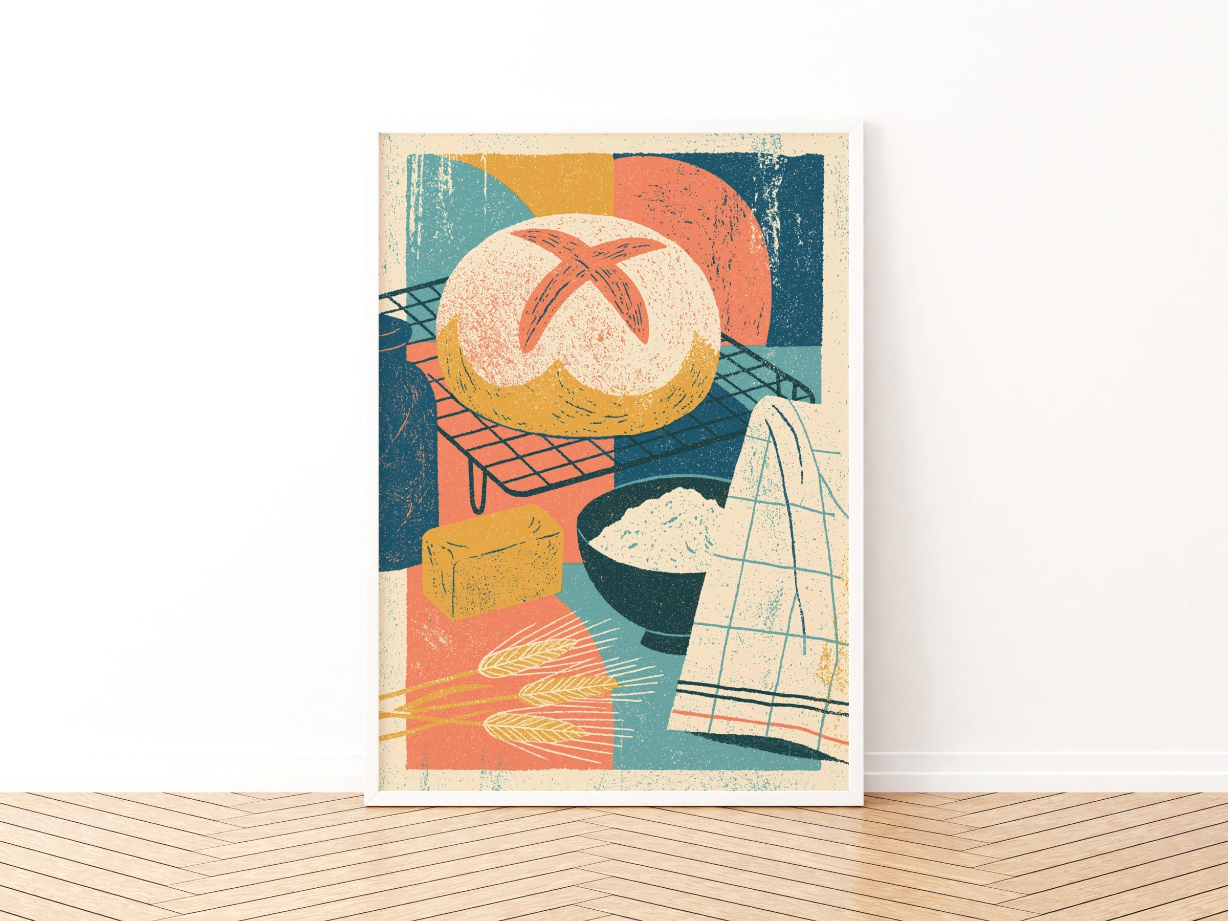 Vintage Food Poster Print, Rustic Bread Baking Art, Retro Mid Century Risograph Kitchen Decor