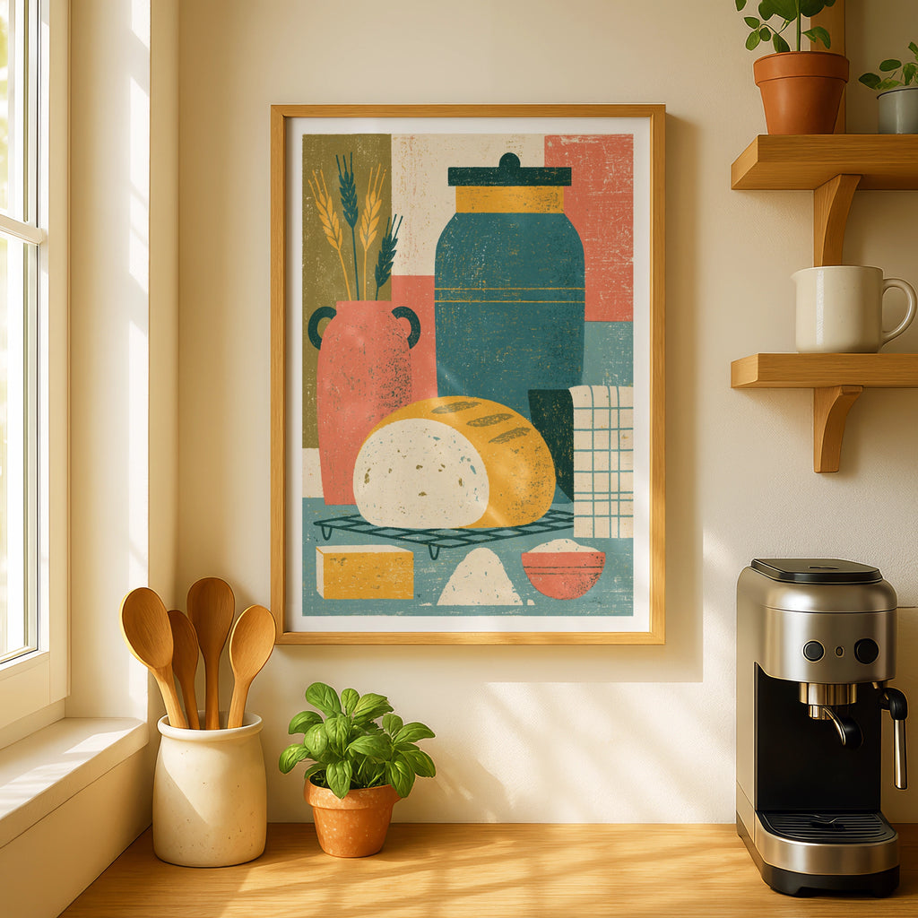Vintage Food Poster Print, Rustic Kitchen Decor, Retro Mid Century Risograph Bread Art