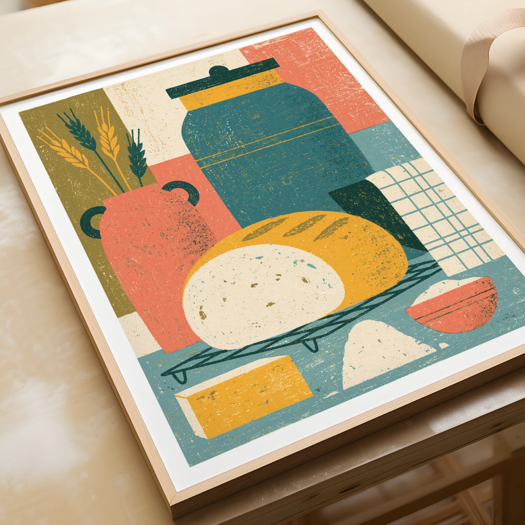 Vintage Food Poster Print, Rustic Kitchen Decor, Retro Mid Century Risograph Bread Art