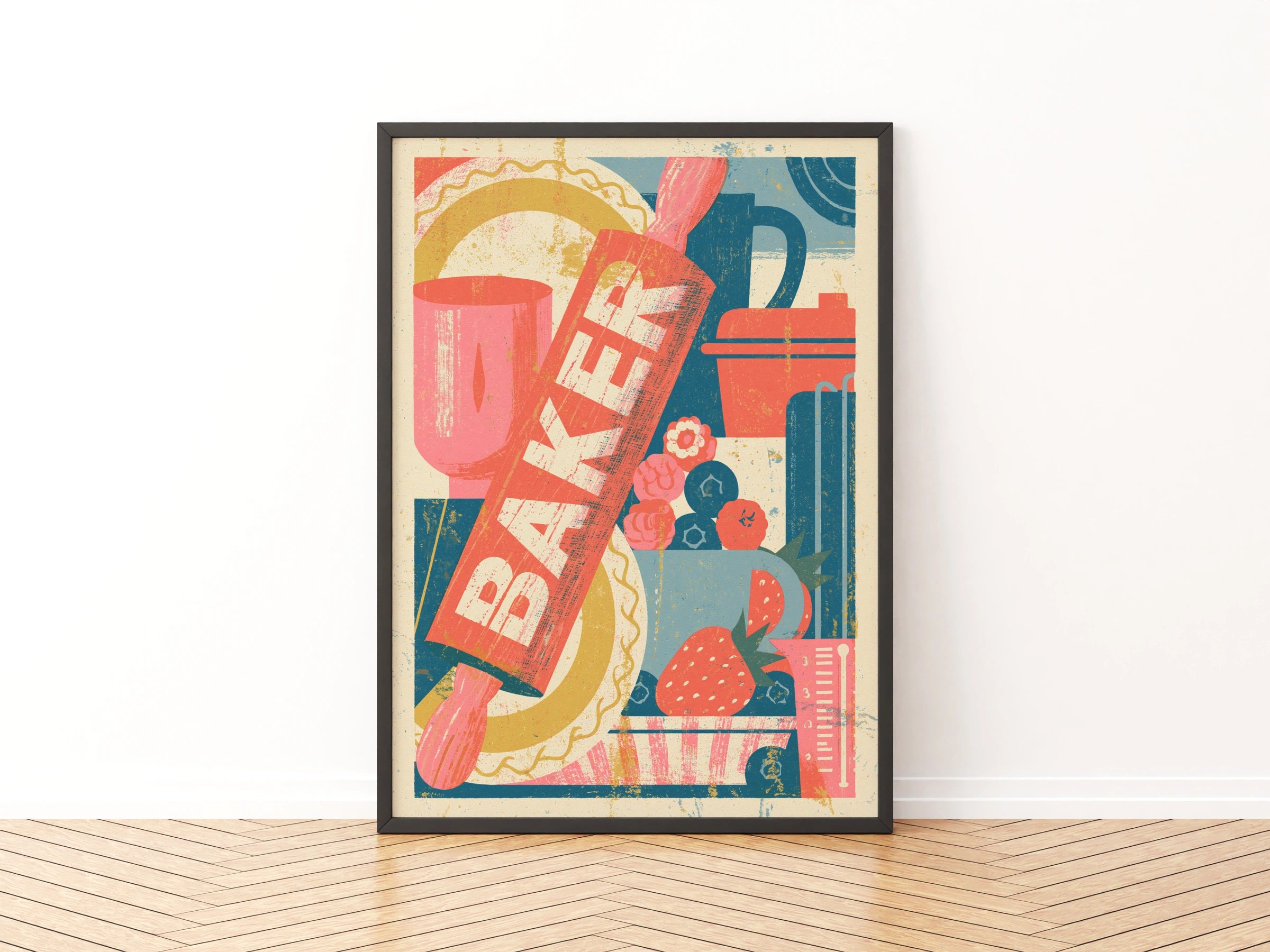 Vintage Food Poster Print, Baker Risograph Wall Art, Rustic Kitchen Decor, Retro Mid Century Baking